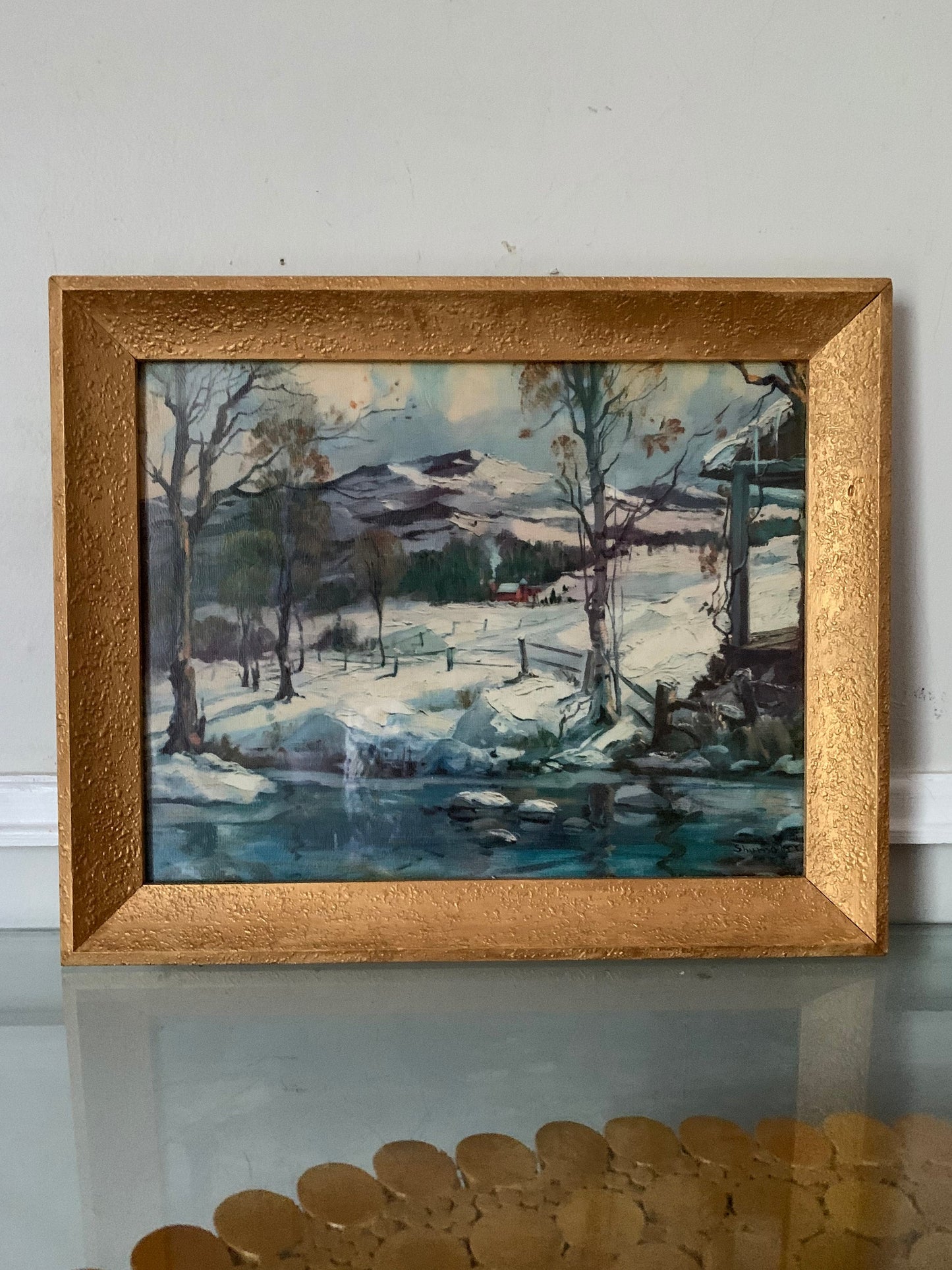 Vintage Framed Winter Scene Print in Wood Frame