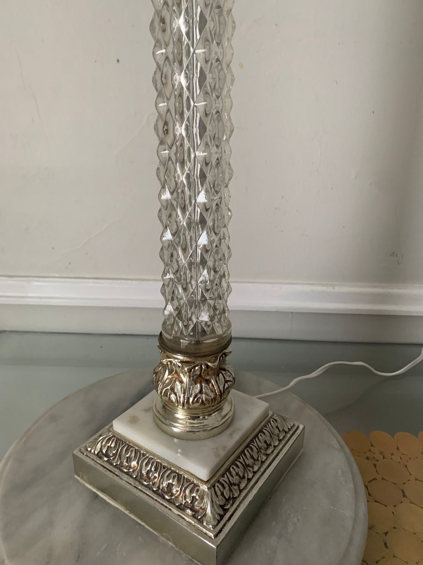 Vintage Tall Clear Textured Glass Accent Table Lamp No Shade