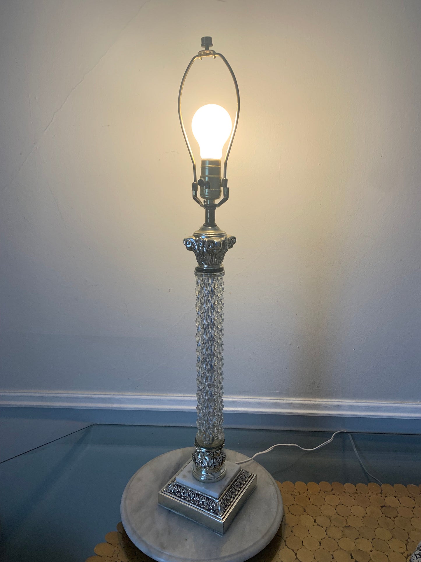 Vintage Tall Clear Textured Glass Accent Table Lamp No Shade