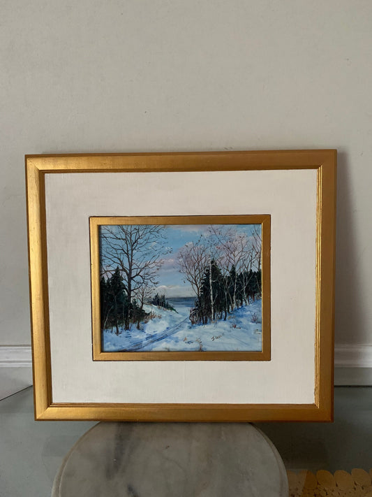 Retro Rectangle Blue Tone Winter Scene in Gold Wood Frame