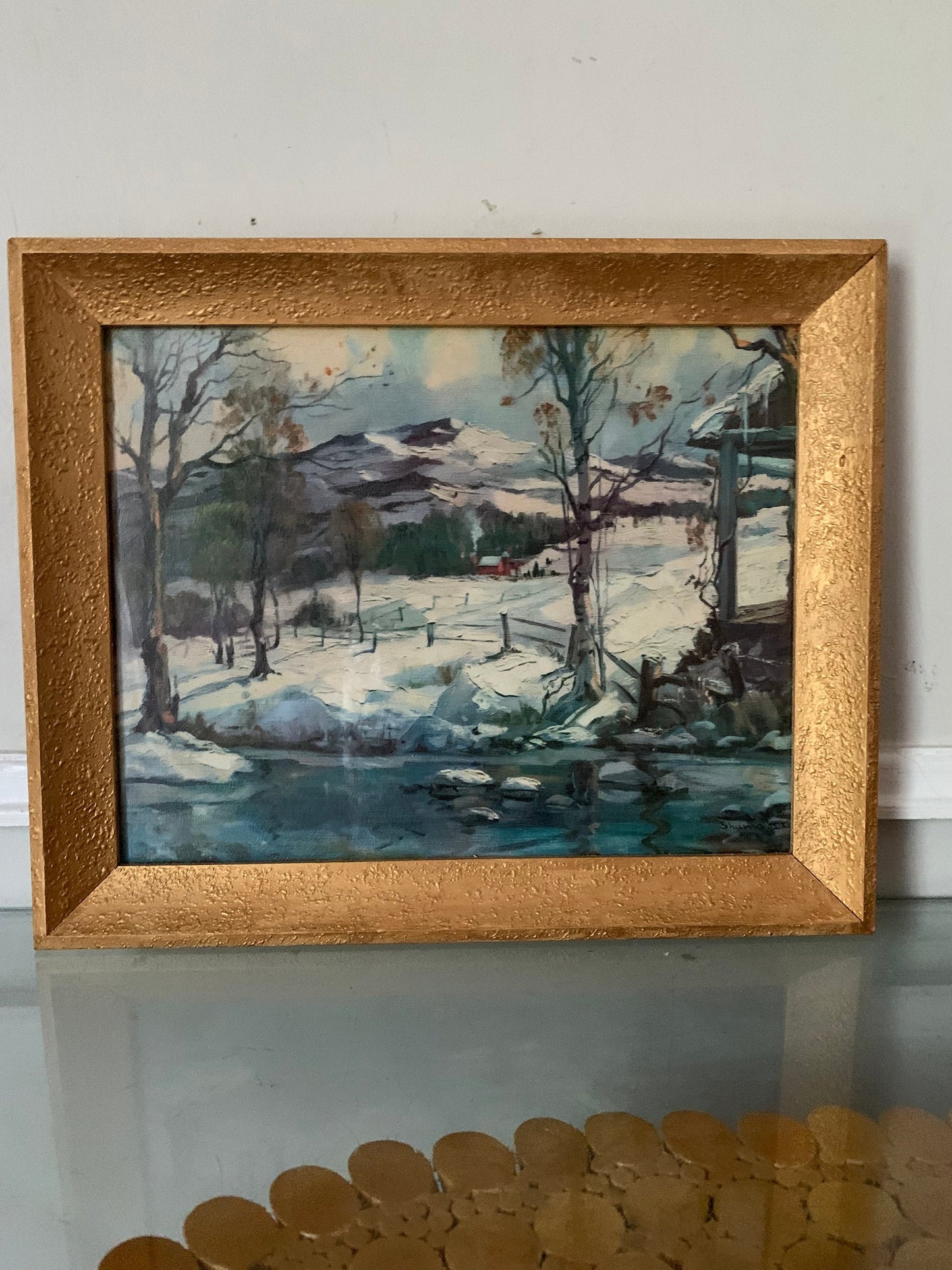 Vintage Framed Winter Scene Print in Wood Frame