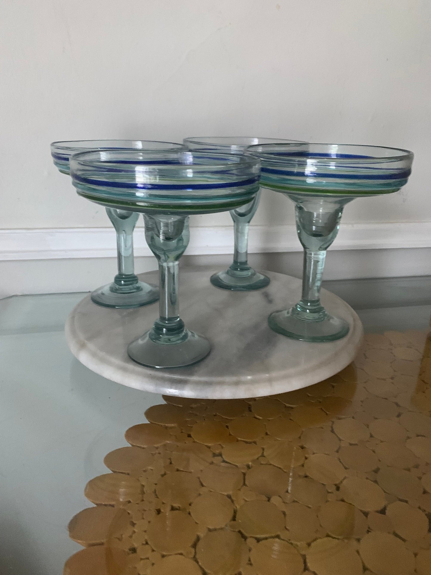 Retro Set of 4 Blue and Green Swirl Glass Handblown Margarita Glasses