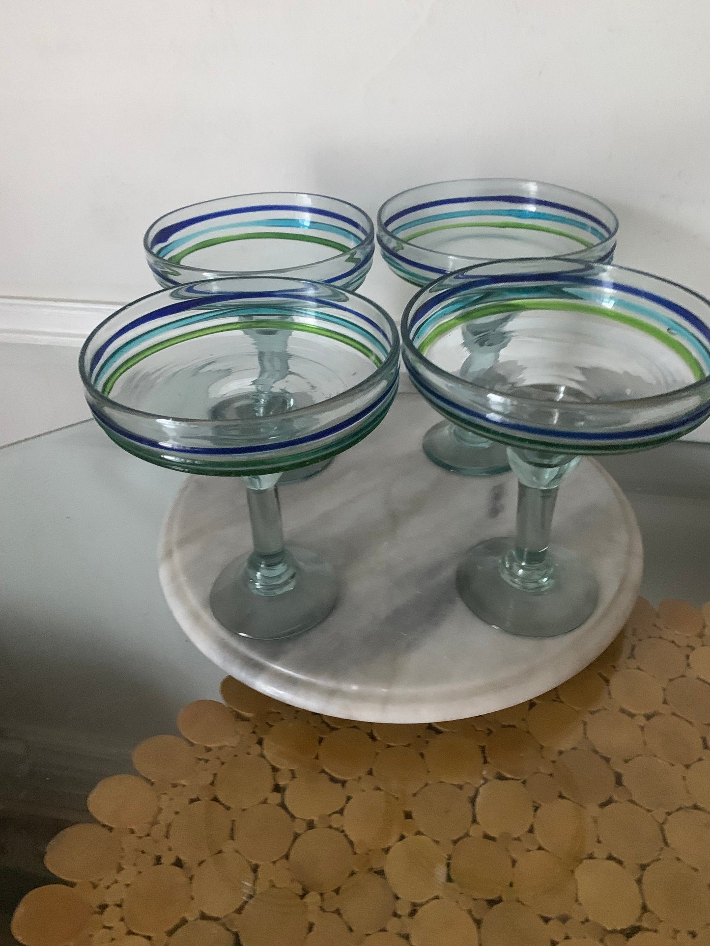 Retro Set of 4 Blue and Green Swirl Glass Handblown Margarita Glasses