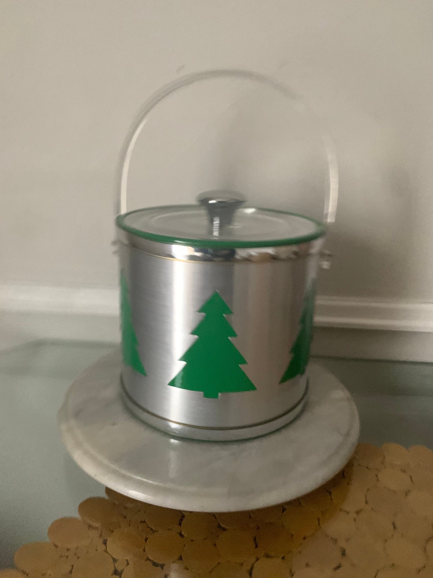 Retro Silver Ice Bucket with Green Evergreen Trees