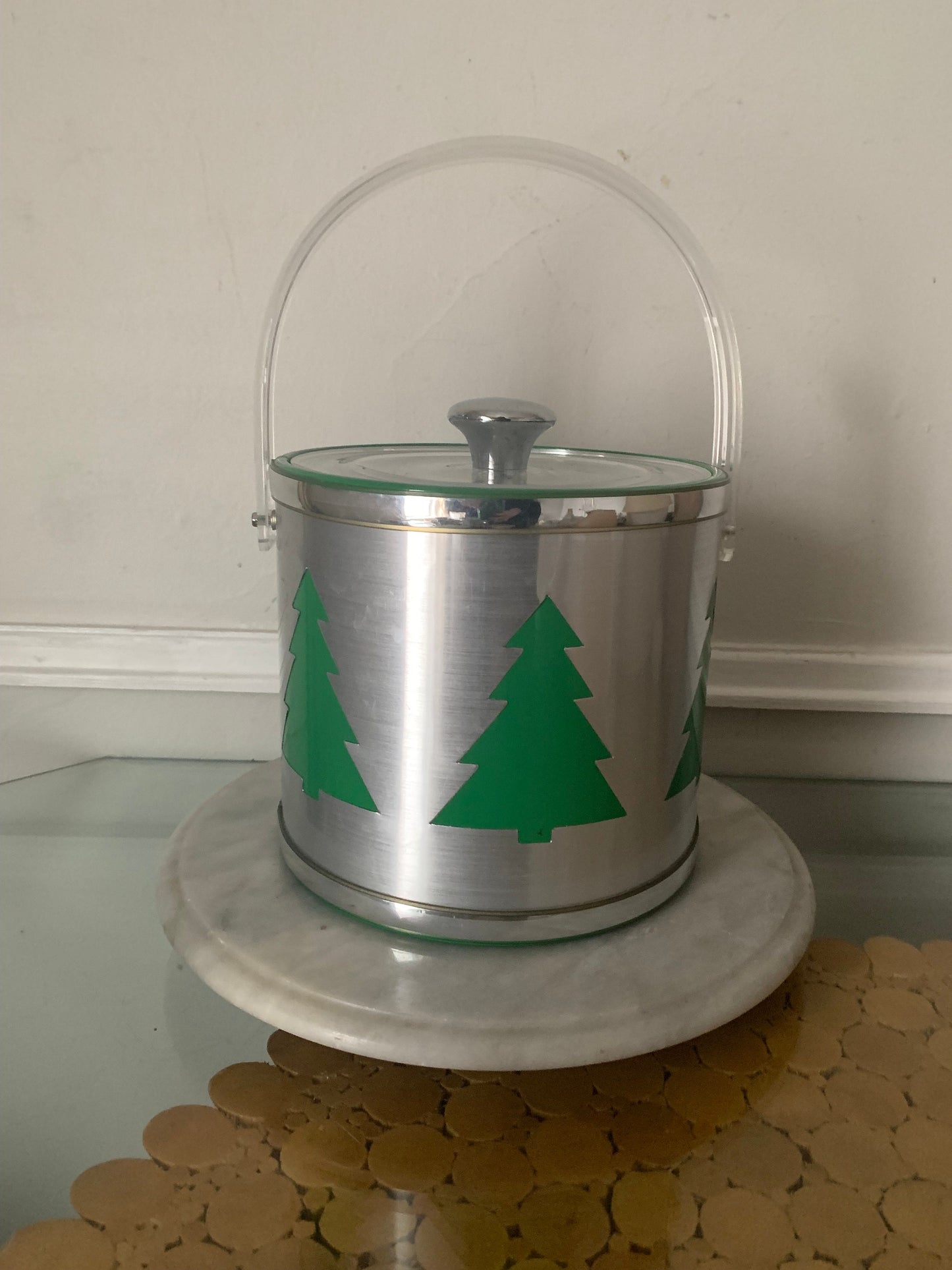 Retro Silver Ice Bucket with Green Evergreen Trees