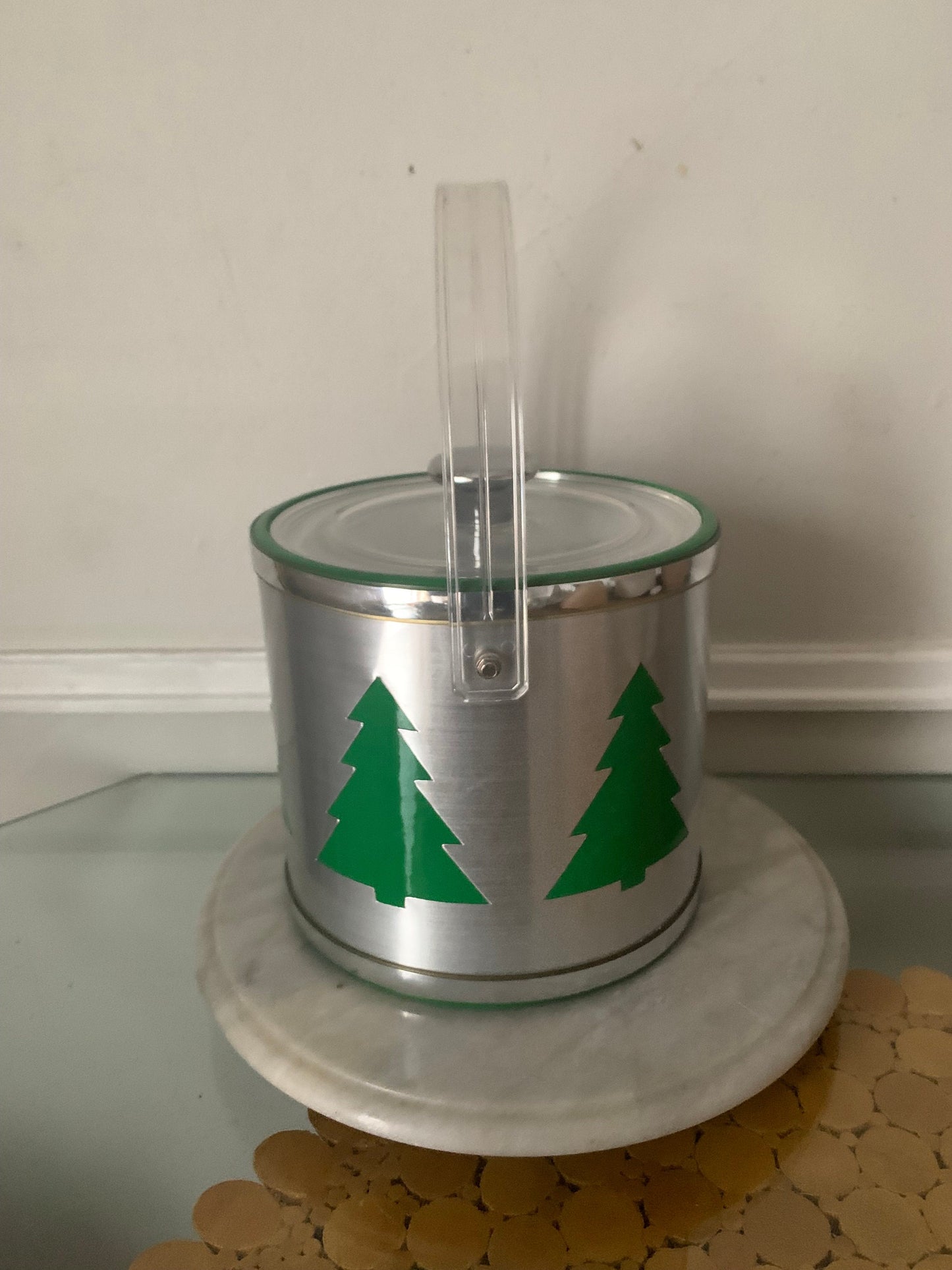 Retro Silver Ice Bucket with Green Evergreen Trees