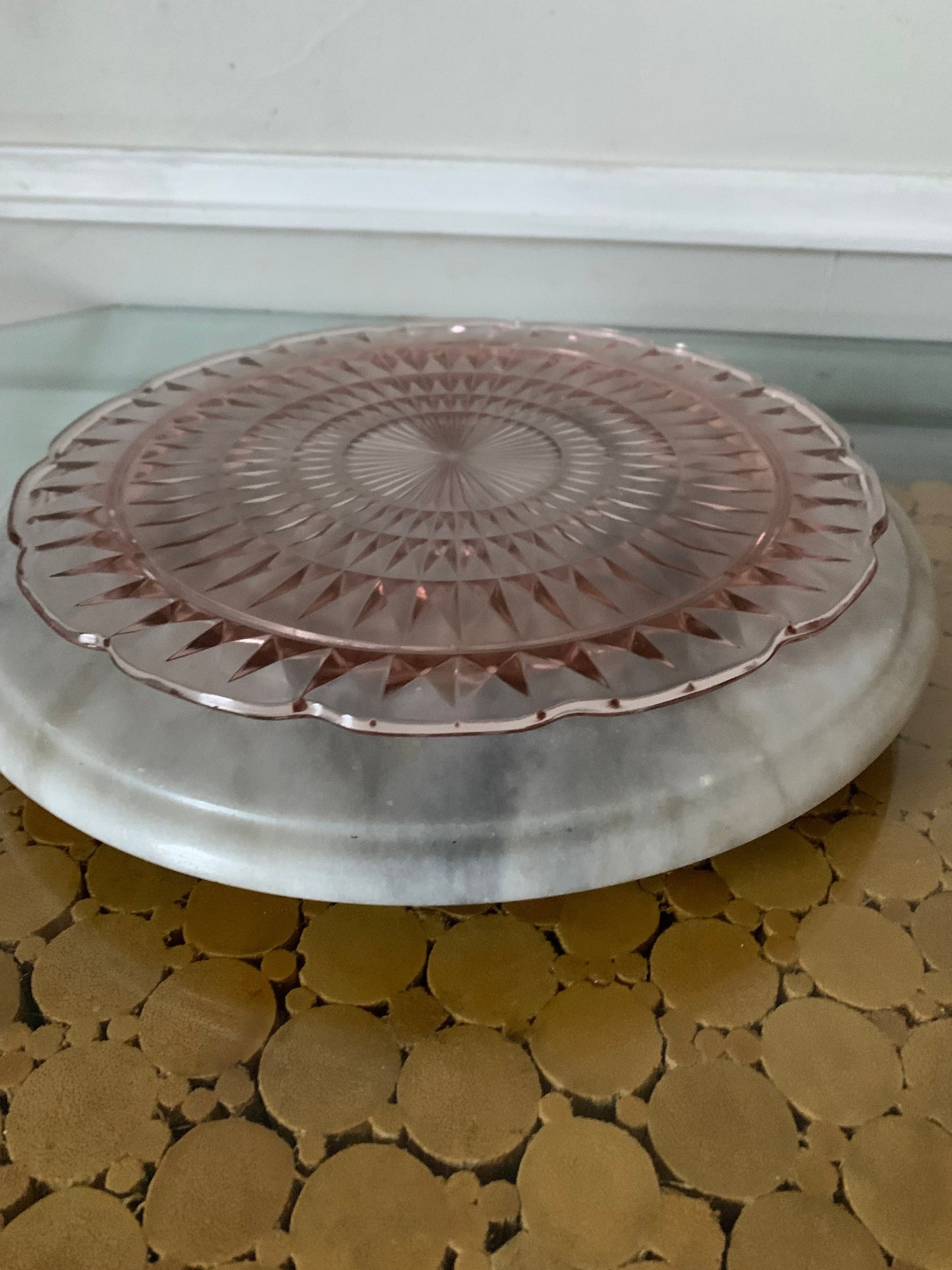 Vintage Scalloped Pink Glass Footed Serving Platter