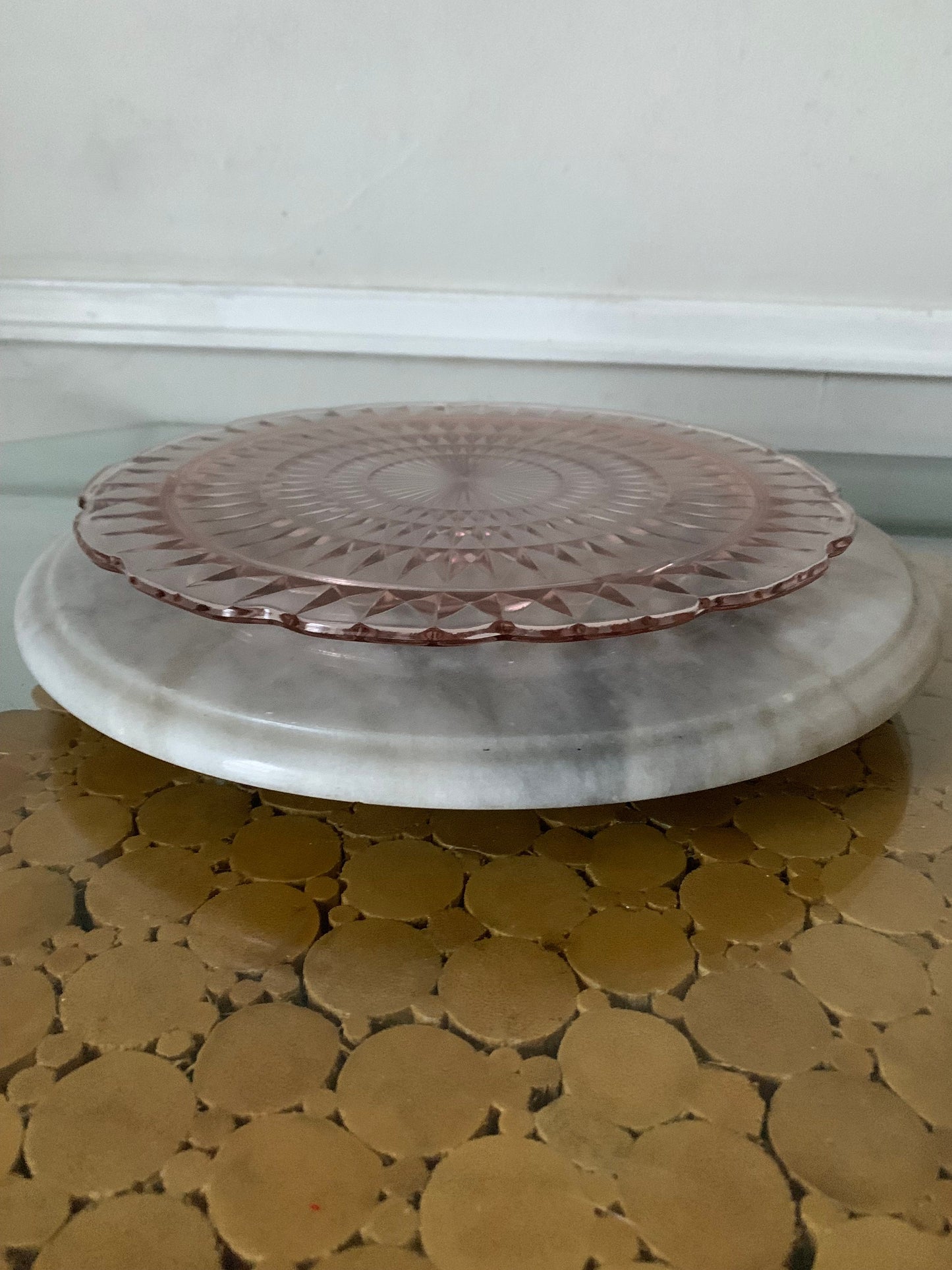 Vintage Scalloped Pink Glass Footed Serving Platter