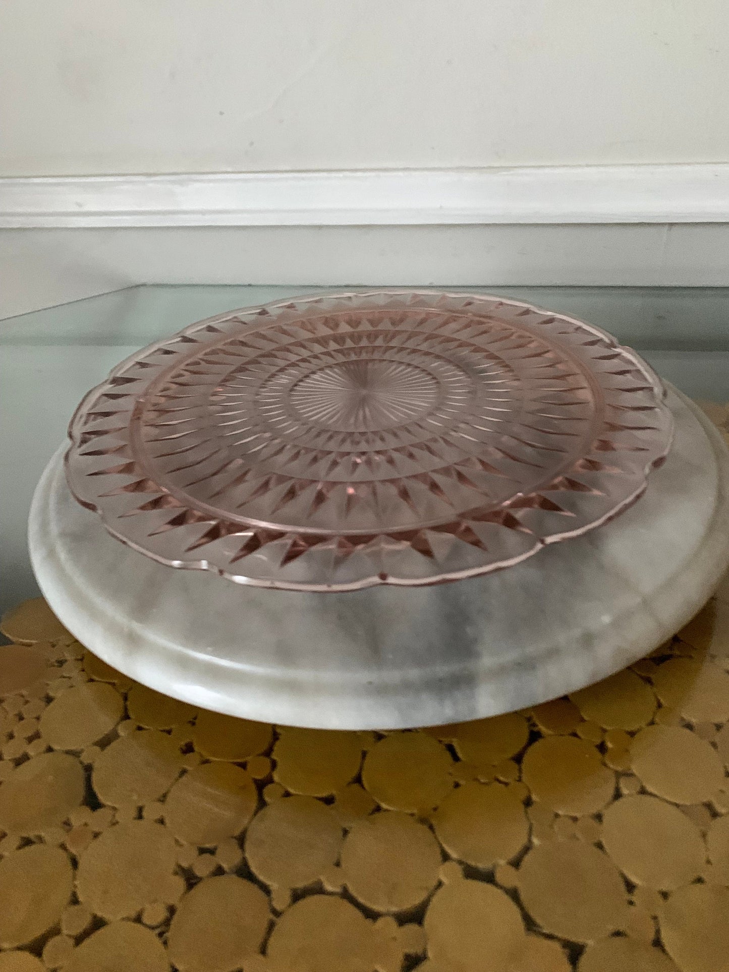 Vintage Scalloped Pink Glass Footed Serving Platter