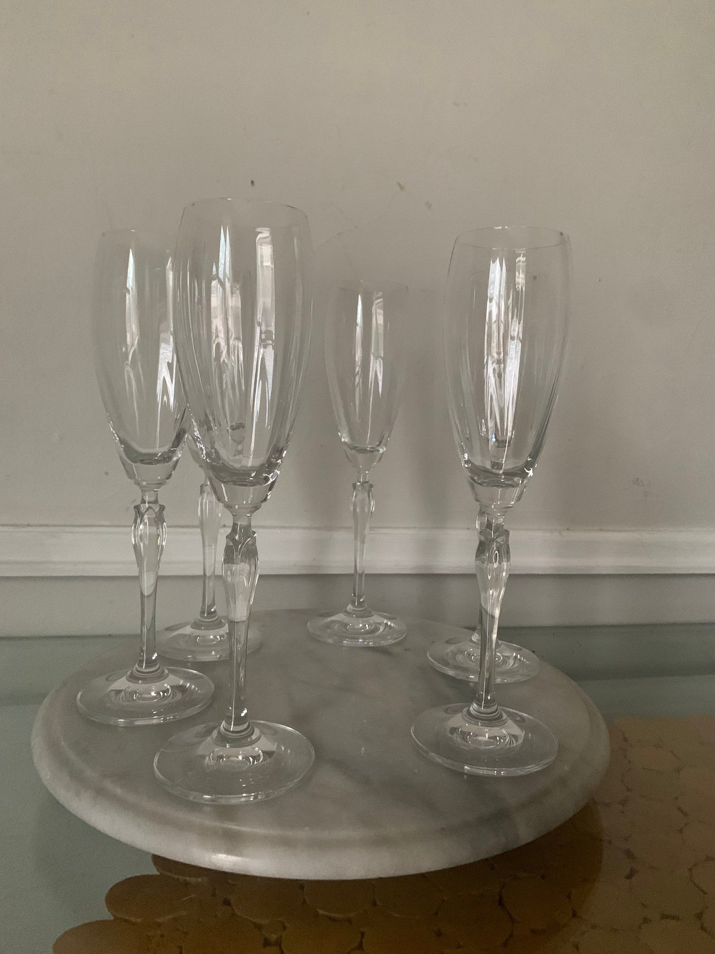 Retro Set of 6  Tall Clear Champagne Flutes with Flower Stems