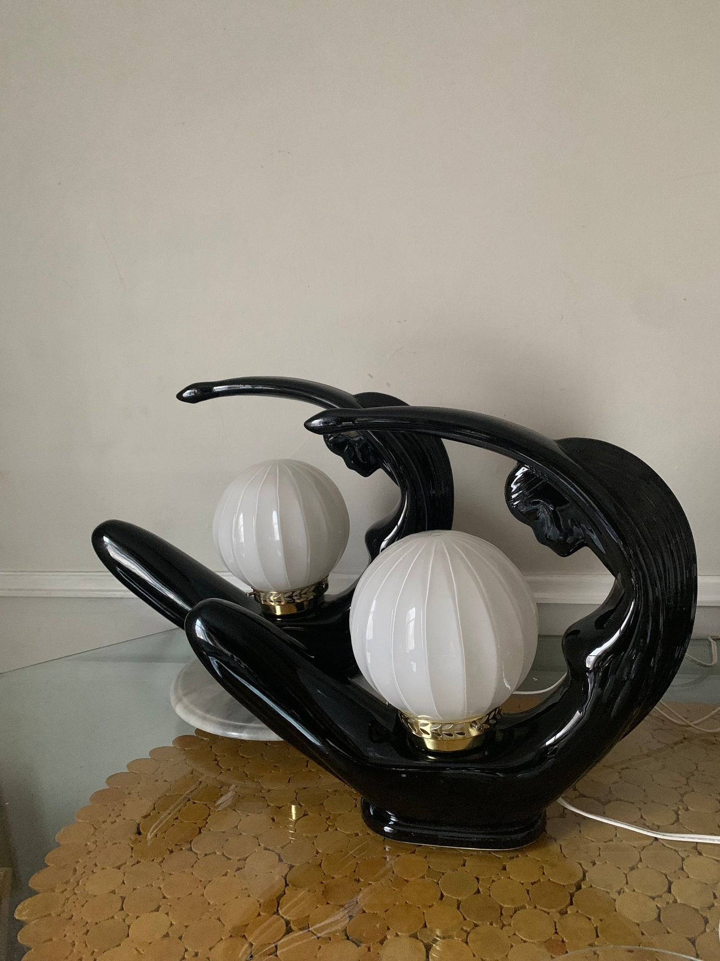 Retro Art Deco Inspired  Black Ceramic Crescent Lady Lamp with Ribbed Glass Globe - 2 Available