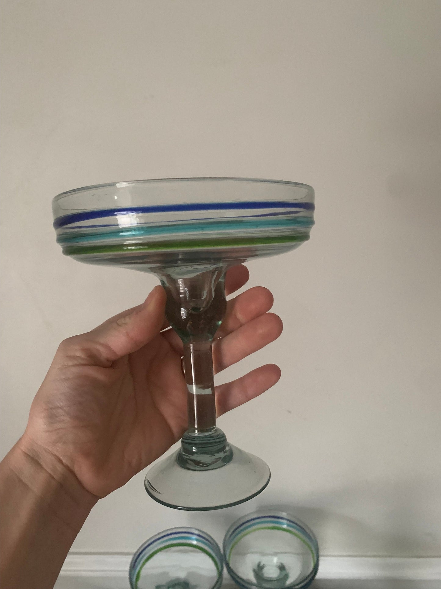 Retro Set of 4 Blue and Green Swirl Glass Handblown Margarita Glasses