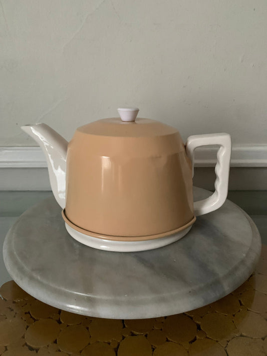 Vintage White Ceramic Teapot with  Removable Blush Coloured Metal Insulator Cover