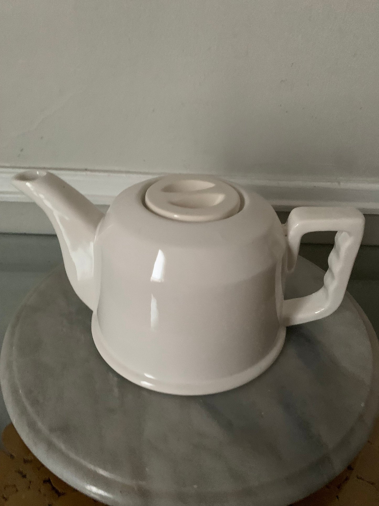 Vintage White Ceramic Teapot with  Removable Blush Coloured Metal Insulator Cover