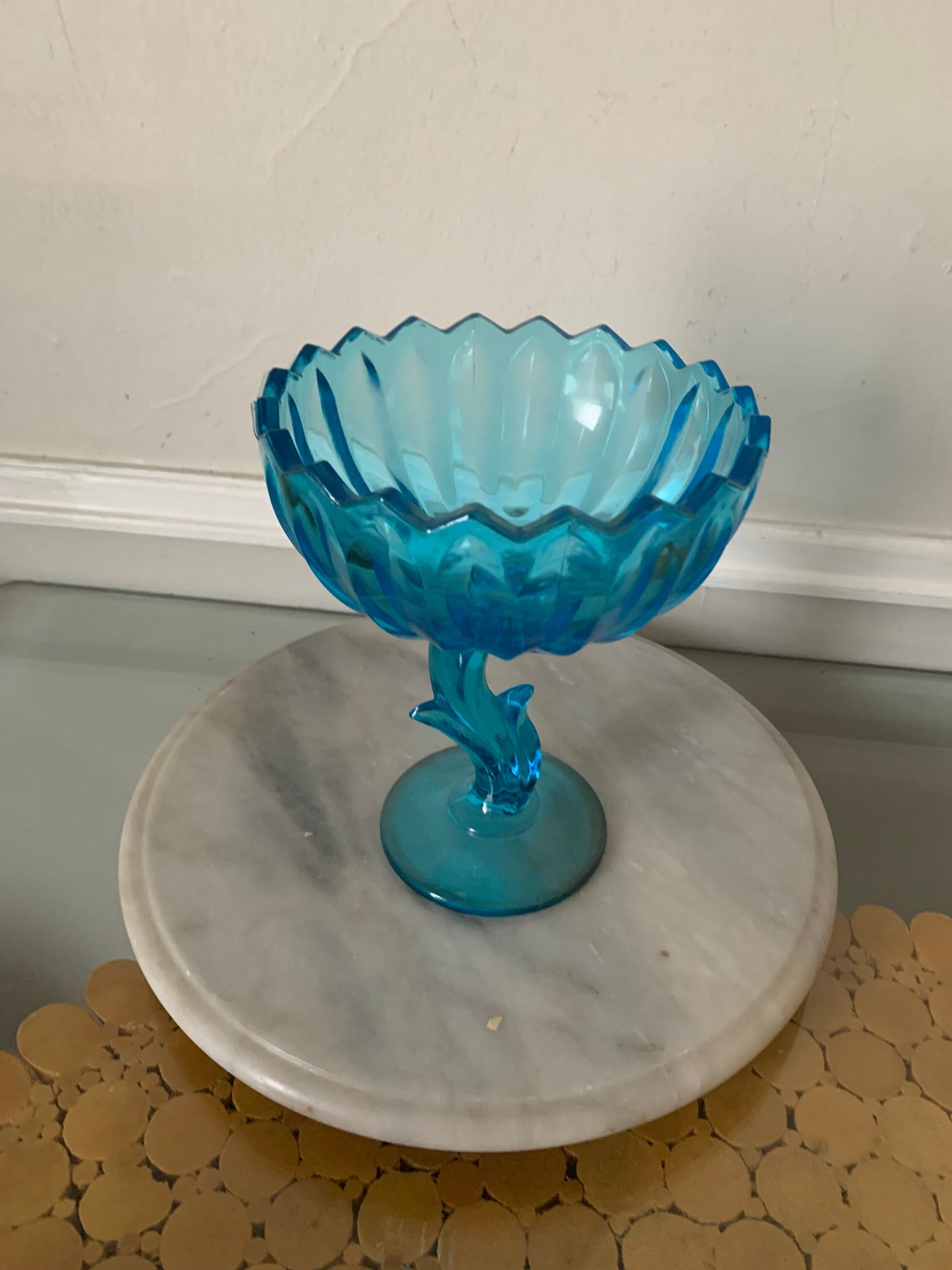 Vintage Clear Bright Blue Flower Pedestal Glass Bowl