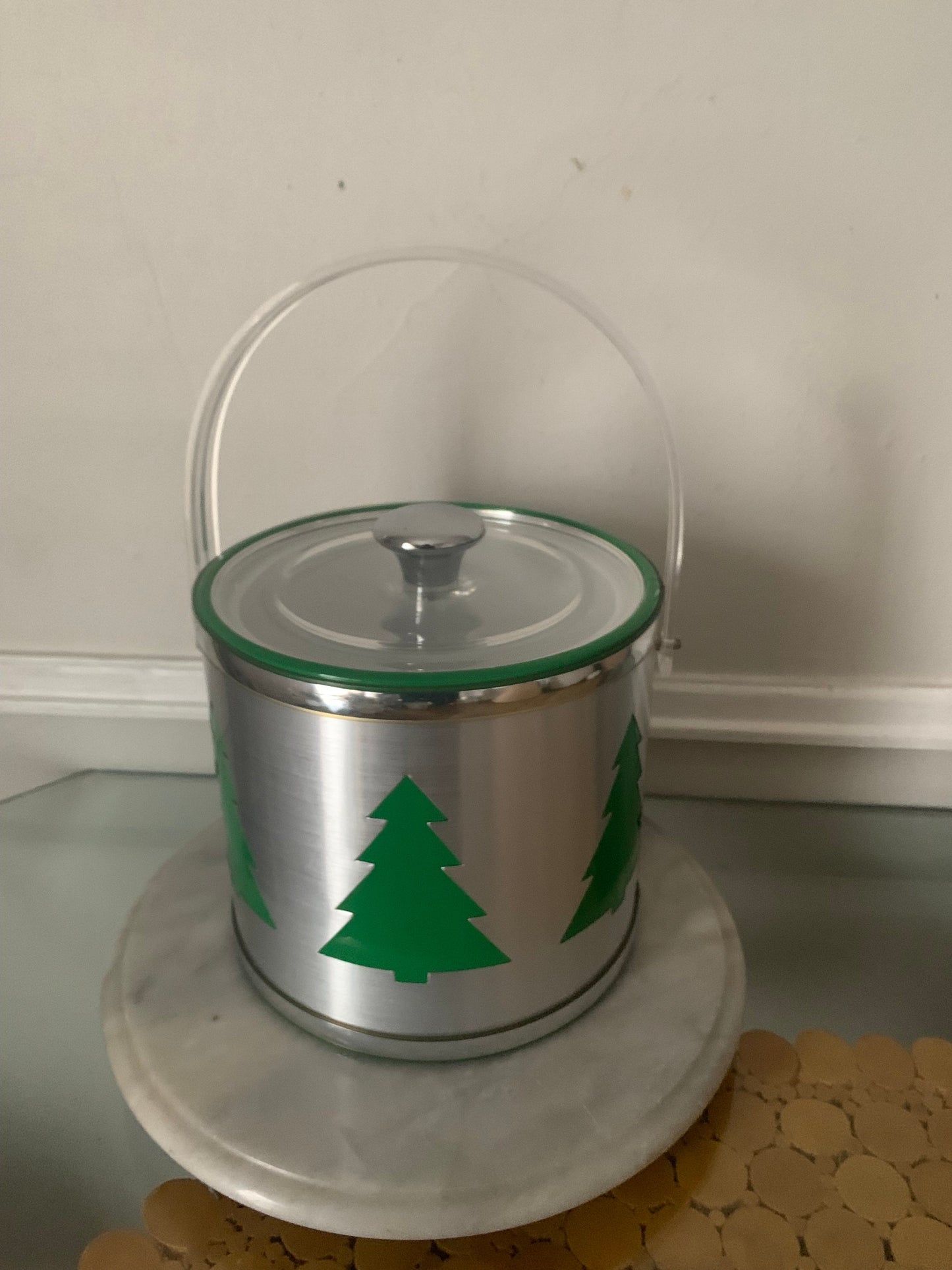 Retro Silver Ice Bucket with Green Evergreen Trees