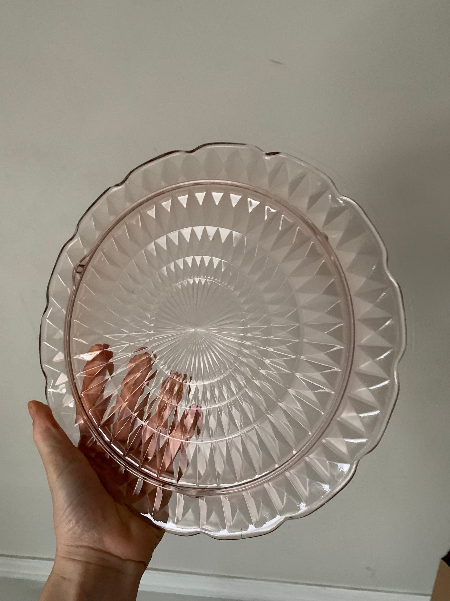 Vintage Scalloped Pink Glass Footed Serving Platter