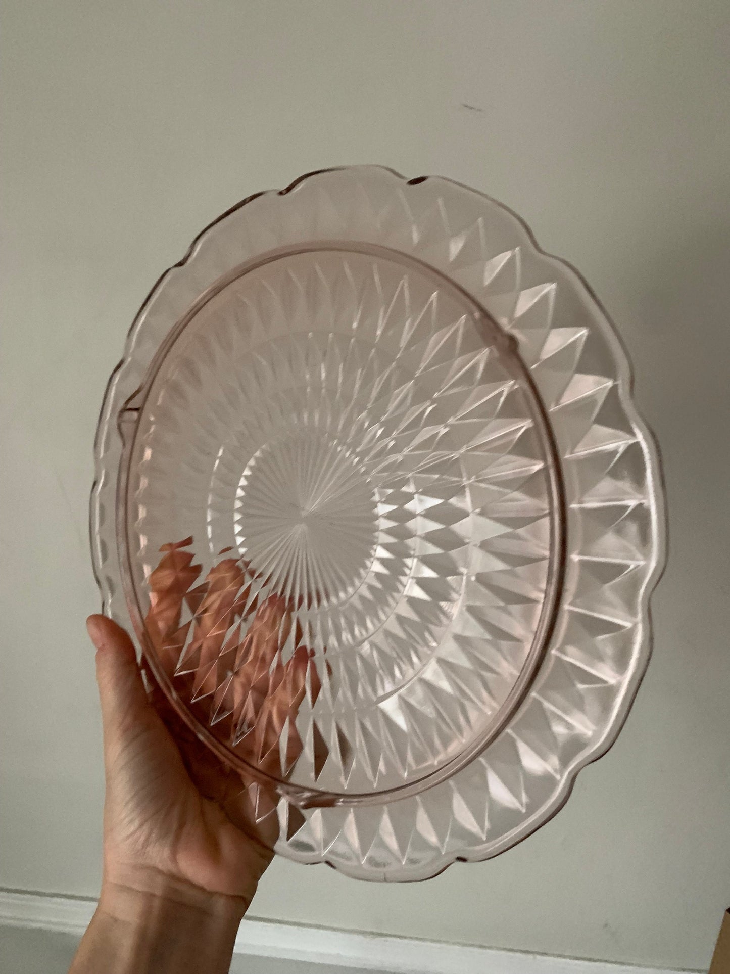 Vintage Scalloped Pink Glass Footed Serving Platter