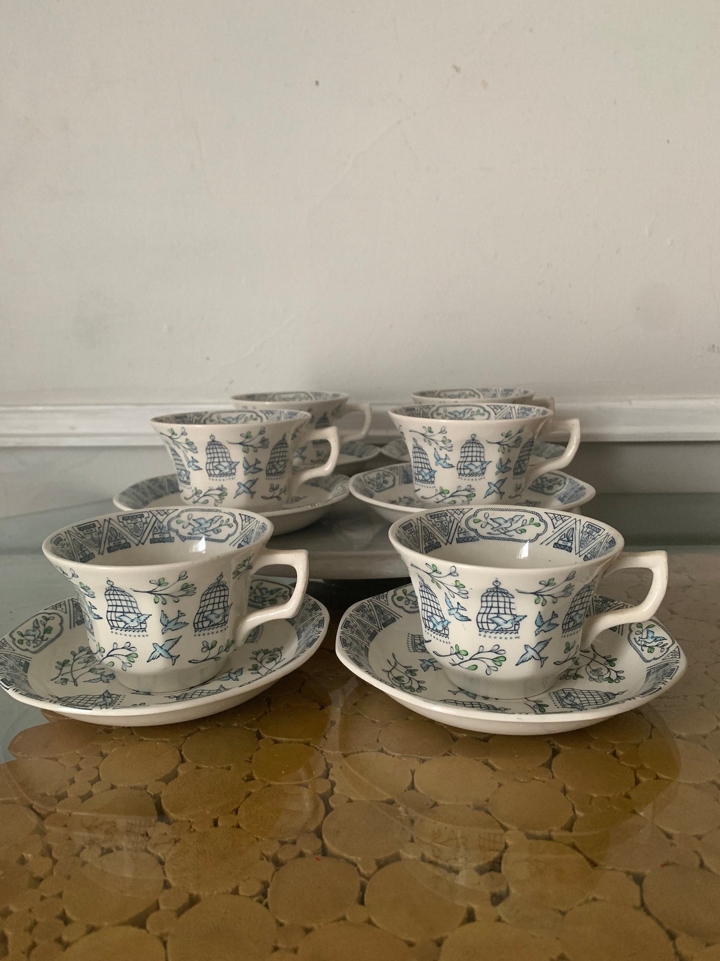 Set of 6 Vintage Adams Blue Chinoiserie Floral Bird Cages Khayyam Pattern Made in England
