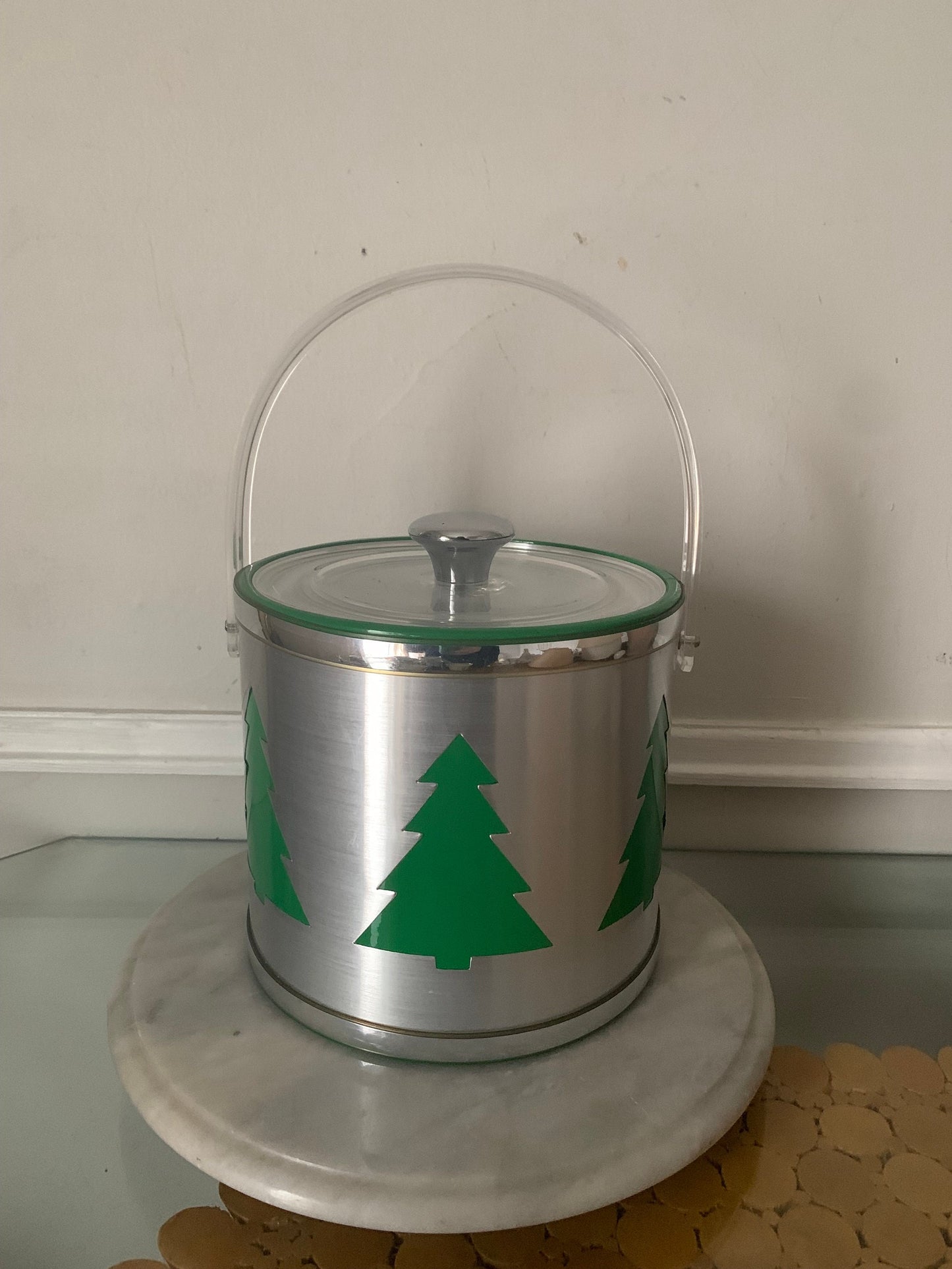 Retro Silver Ice Bucket with Green Evergreen Trees