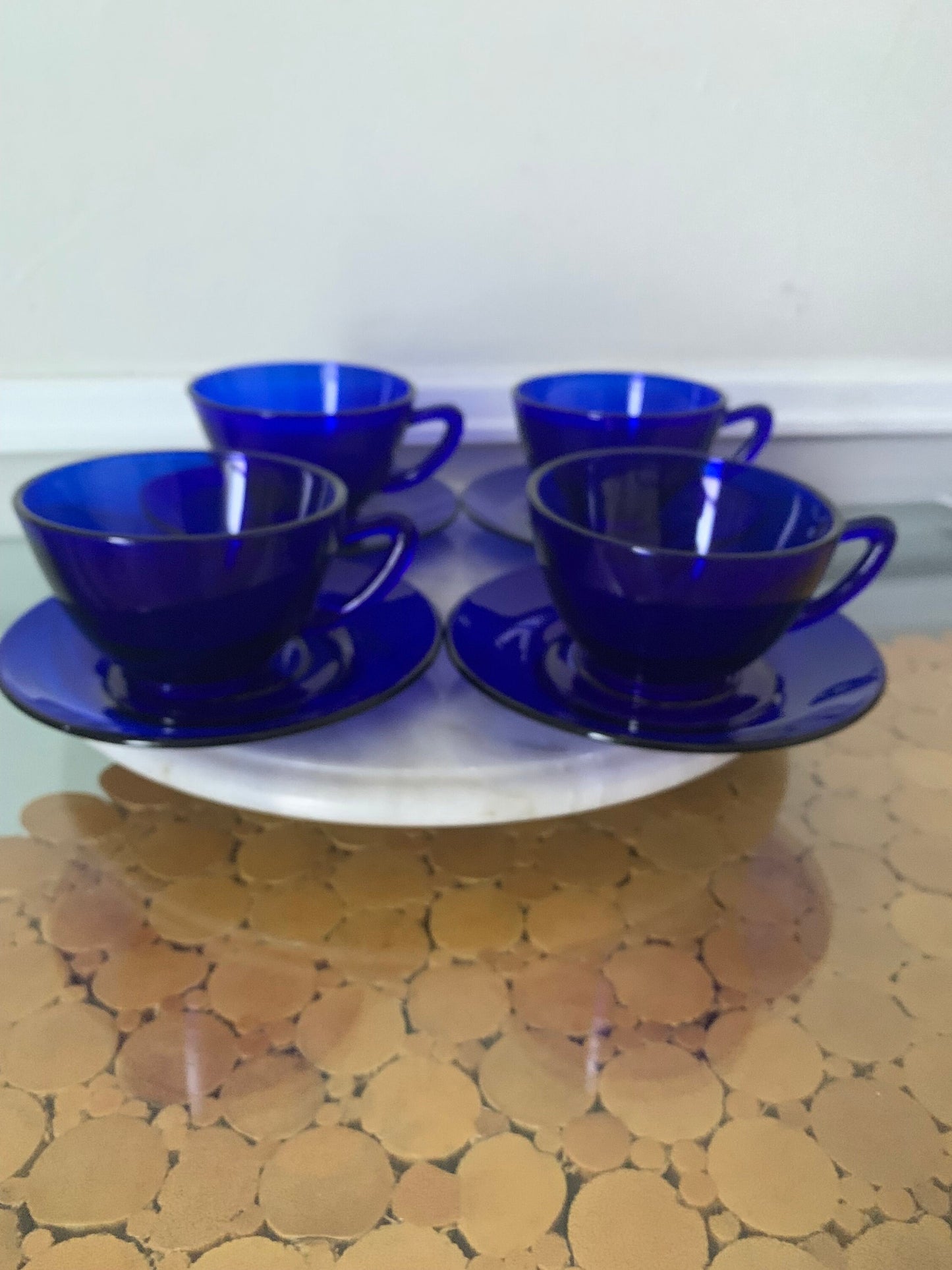 Set of 4 Vintage Cobalt Blue GlassTeacup & Saucer