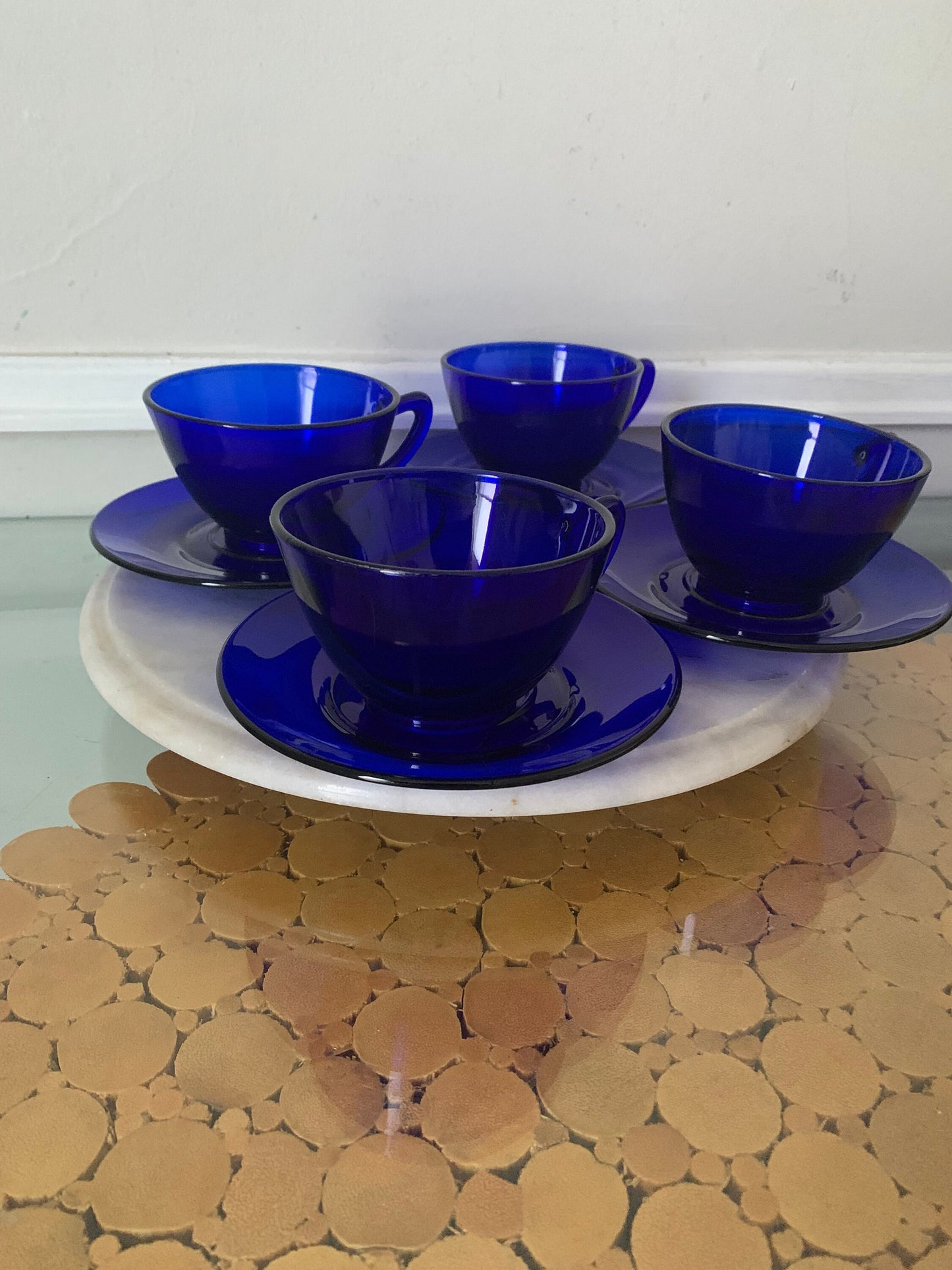 Set of 4 Vintage Cobalt Blue GlassTeacup & Saucer