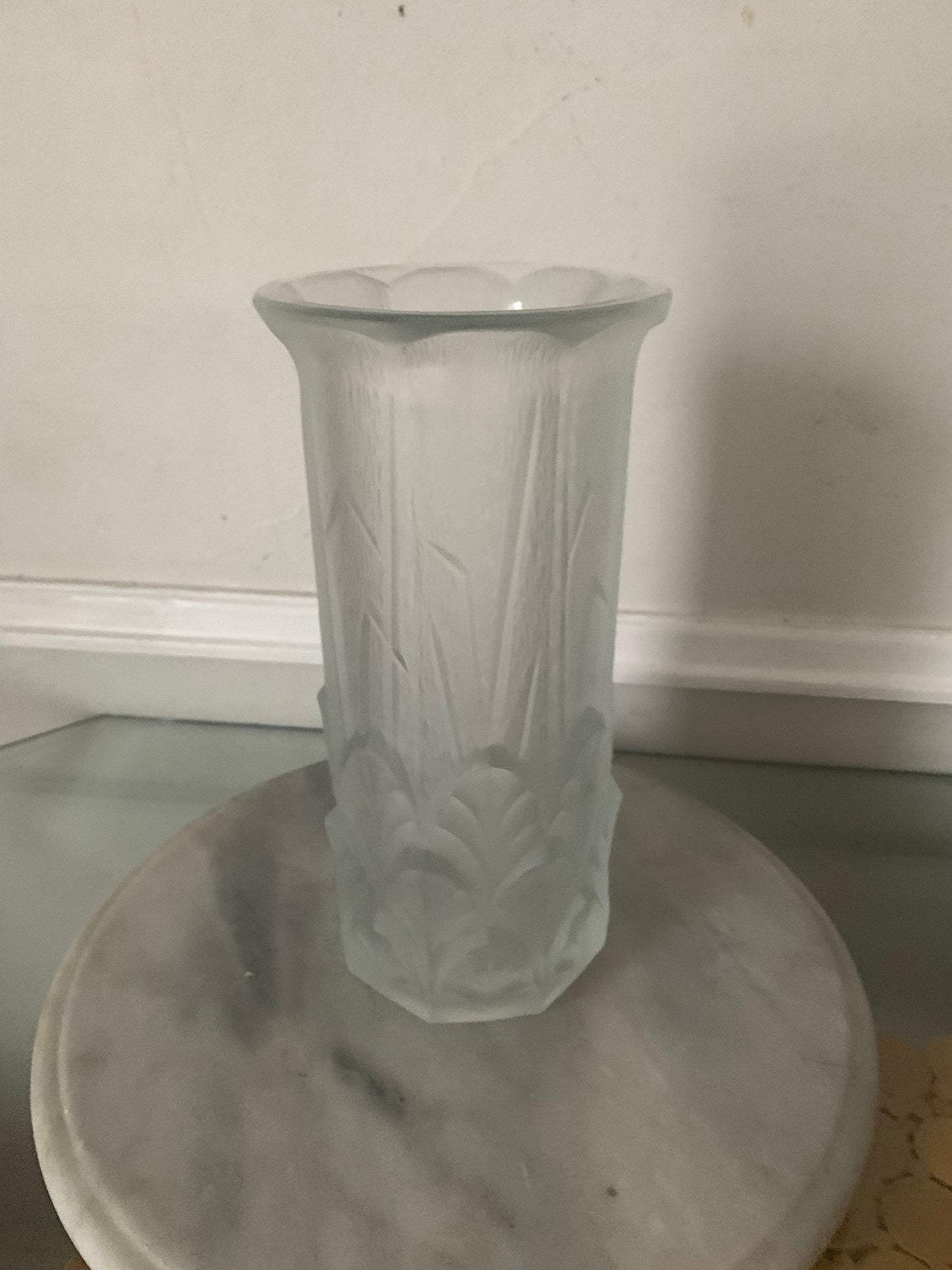 Tall Vintage Art Deco Inspired Satin Glass Vase with Embossed Leaves