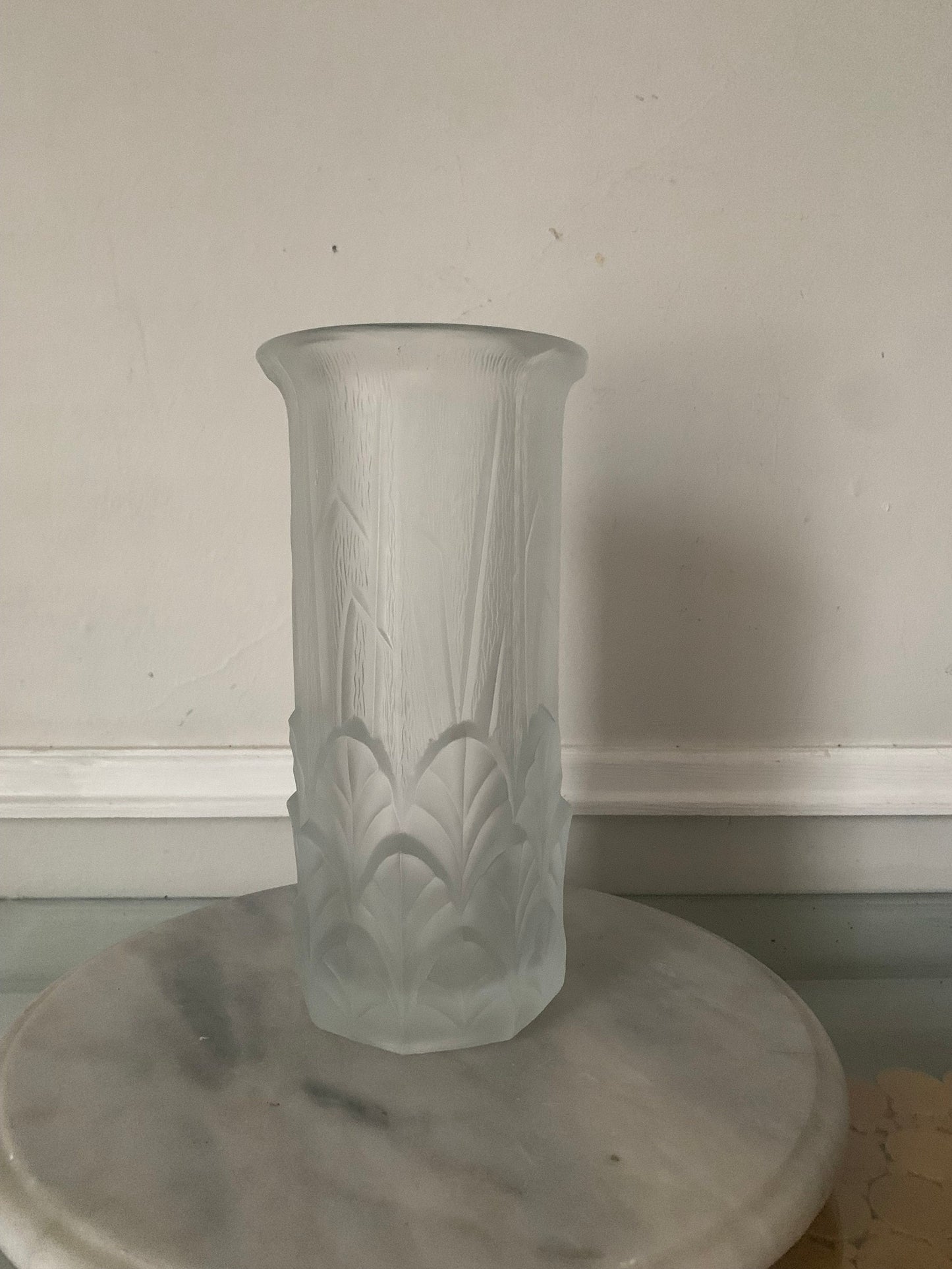 Tall Vintage Art Deco Inspired Satin Glass Vase with Embossed Leaves
