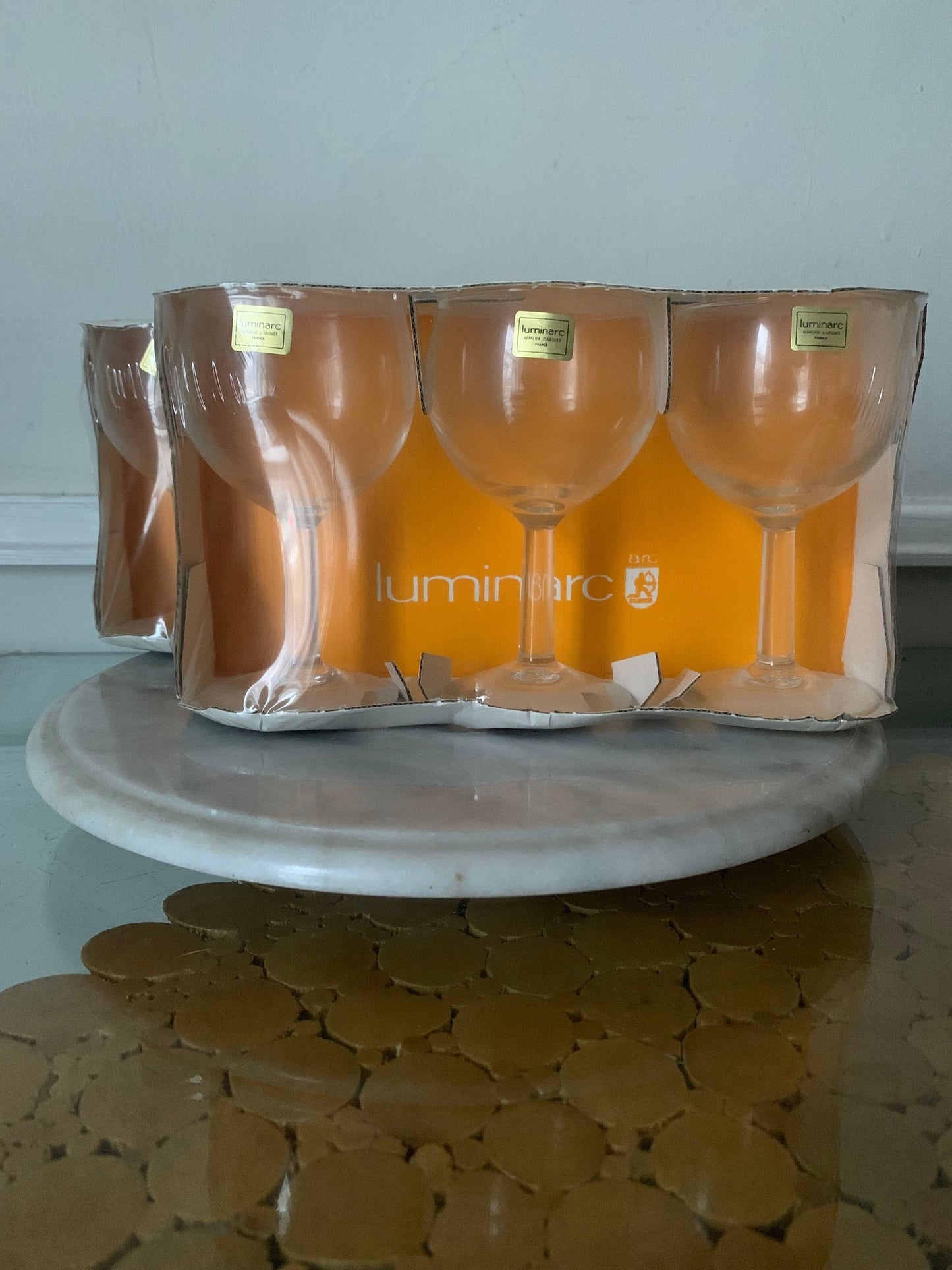 Set of 3 MCM Clear LUMINARC Balloon Wine Glasses Stemmed Glasses in Original Box Made in France