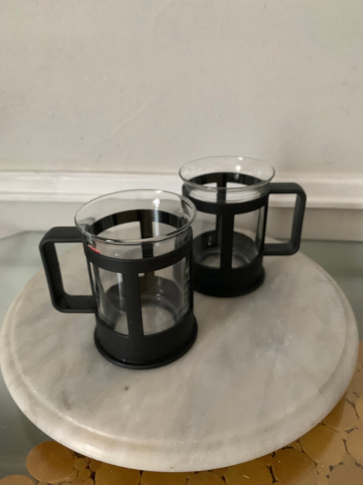 Retro Set of 2 Clear Glass Bodum Mugs with Black Handles Made in Denmark