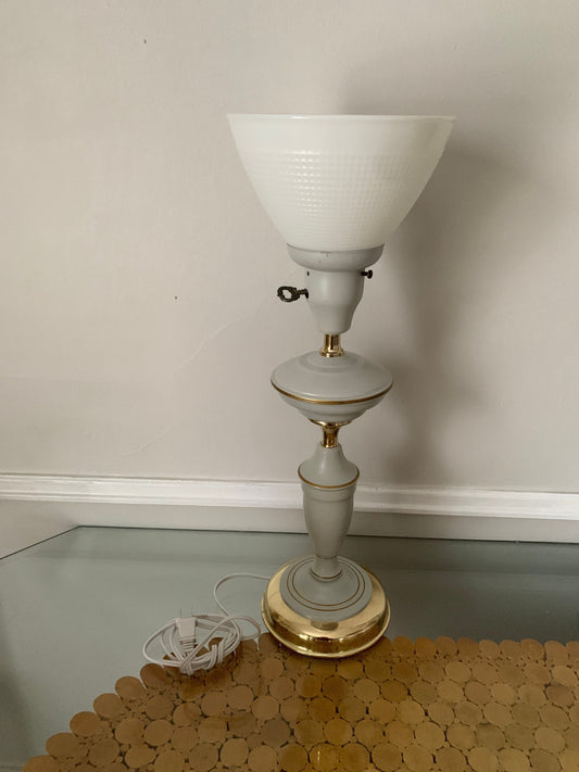 Tall White Metal Table Lamp with Gold Accents and Milk Glass Shade