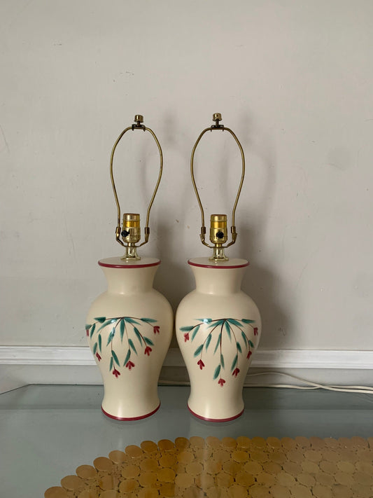 Pair of Vintage Hand Painted Cream Pottery Lamps No Shades