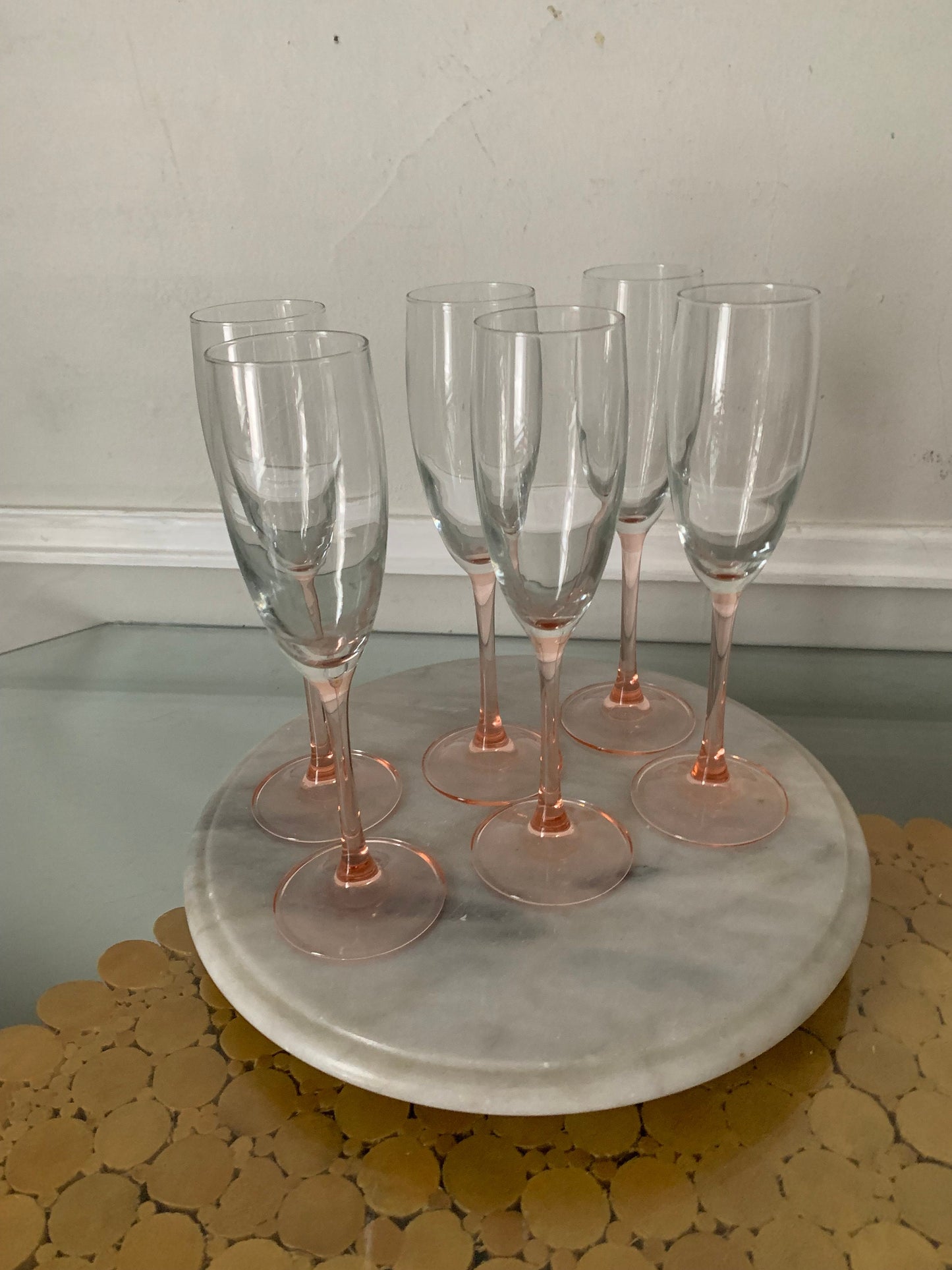 Vintage Set of 6 Light Pink Stem Luminarc Champagne Flutes Made in France