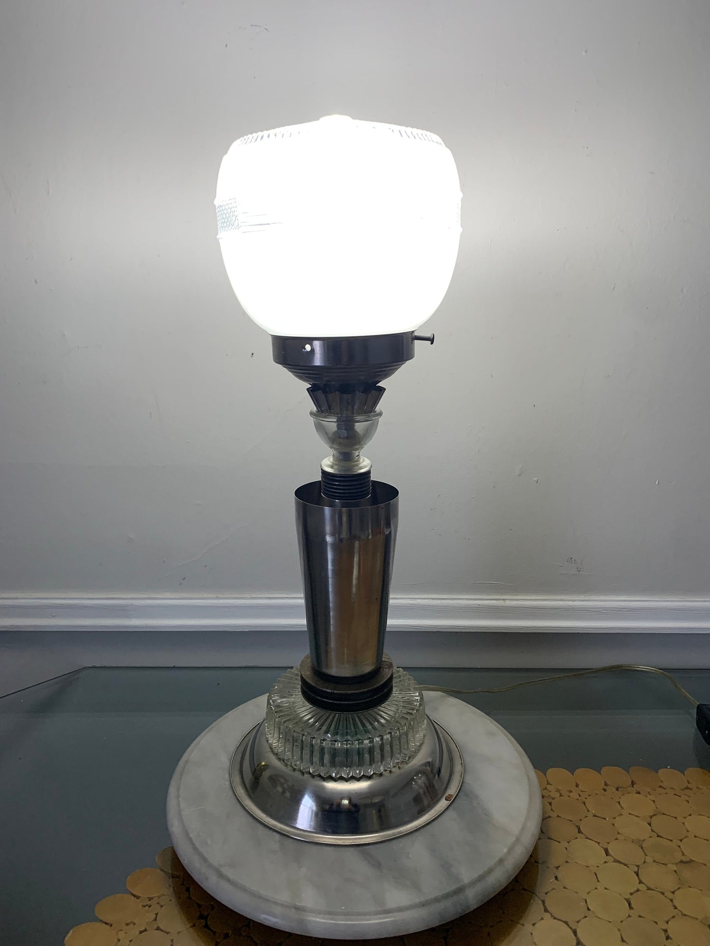 Tall Chrome Metal and Glass Table Lamp with Glass Shade