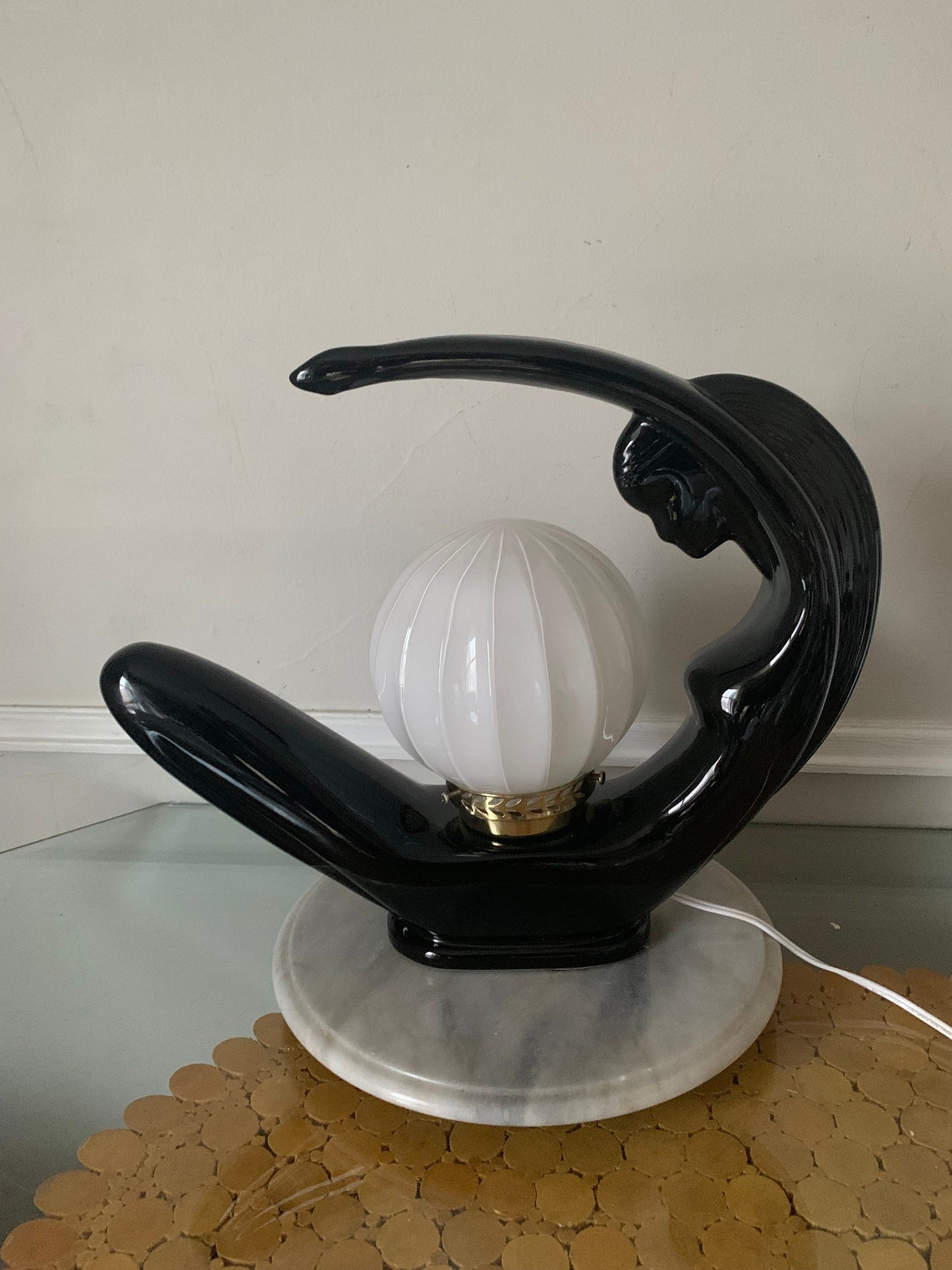 Retro Art Deco Inspired  Black Ceramic Crescent Lady Lamp with Ribbed Glass Globe - 2 Available