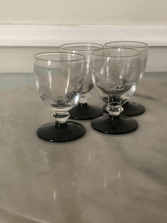 Set of 4 Vintage Etched  Liqueur with Black Stem