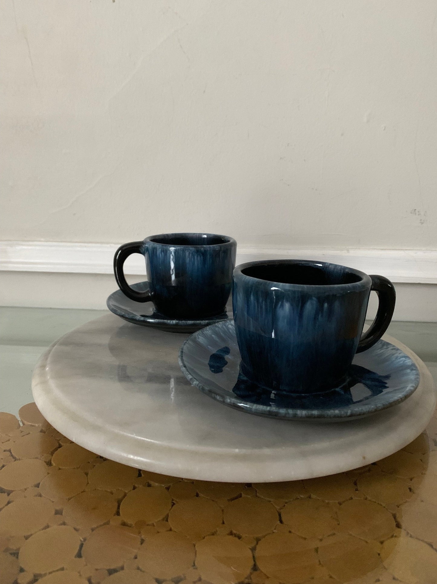 Set of 2 MCM Blue Drip Glaze Pottery Mugs & Saucers