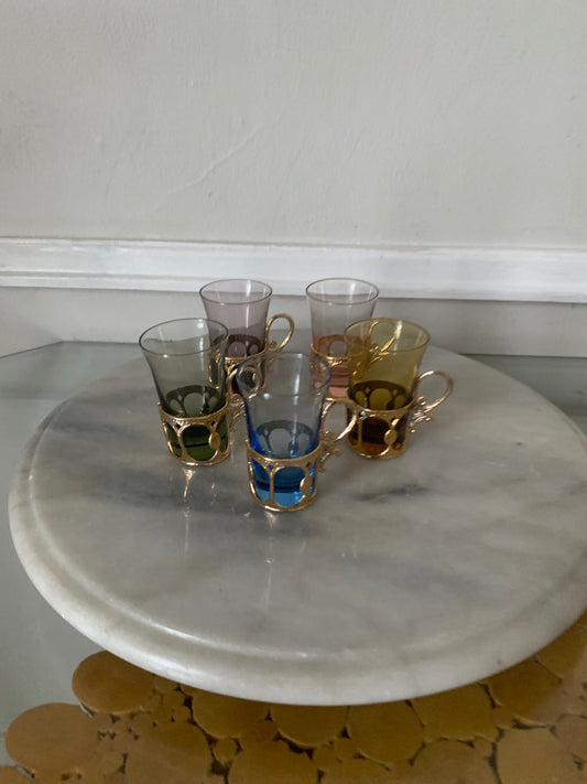 Vintage Set of 5 Short Pastel Shot Glasses with Gold Tone Handle