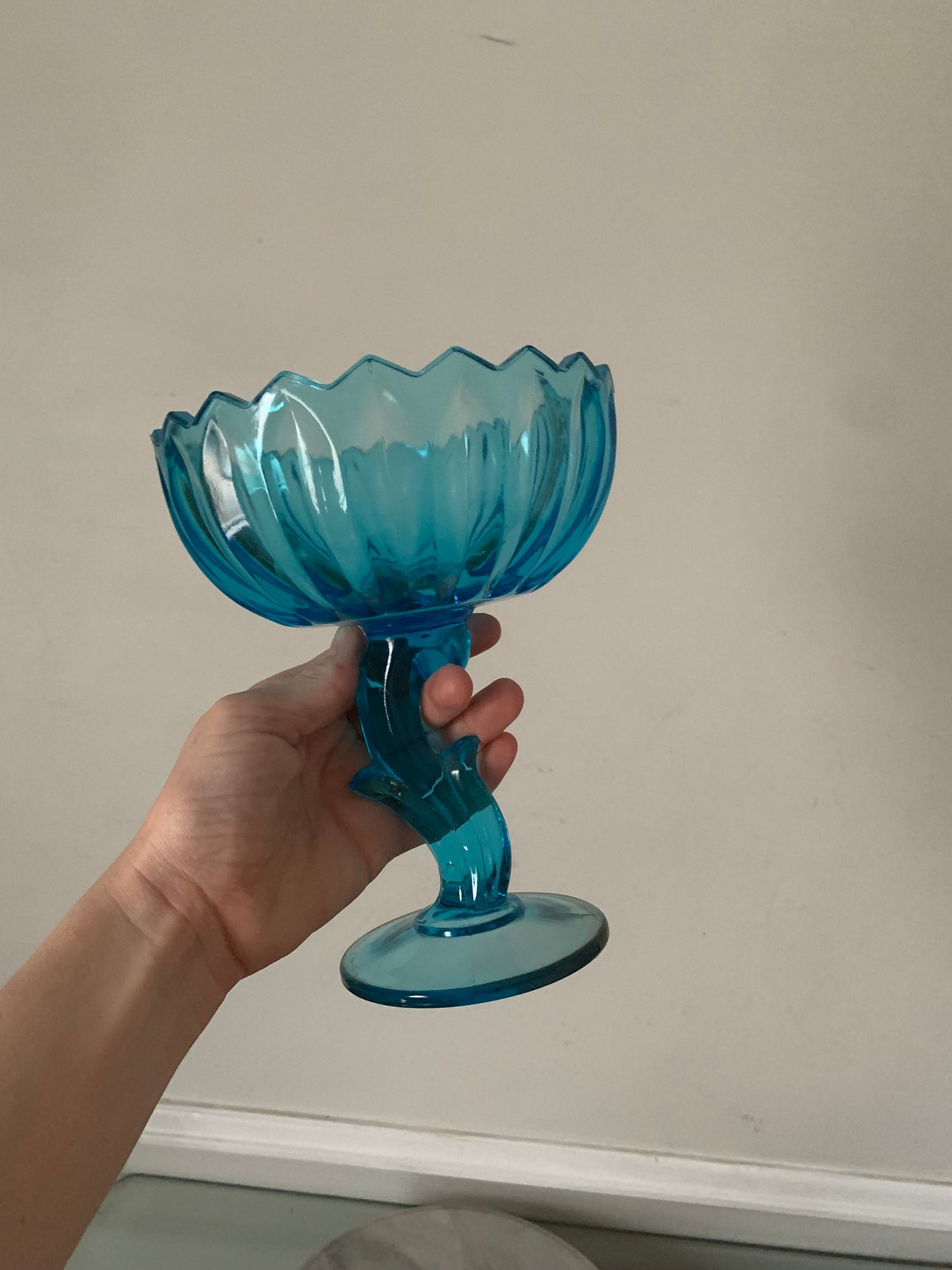 Vintage Clear Bright Blue Flower Pedestal Glass Bowl