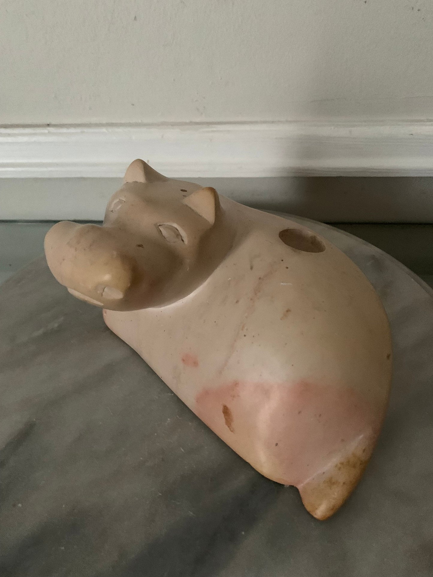Retro Handcarved Pink Soapstone Hippo Candle Holder