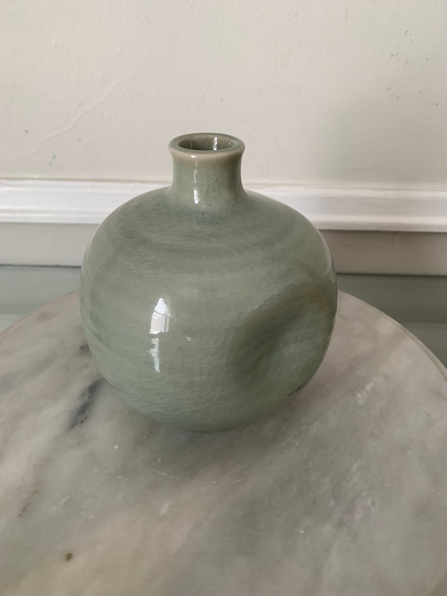 Vintage Pinched Round Light Jade Ceramic Vase Made in Japan
