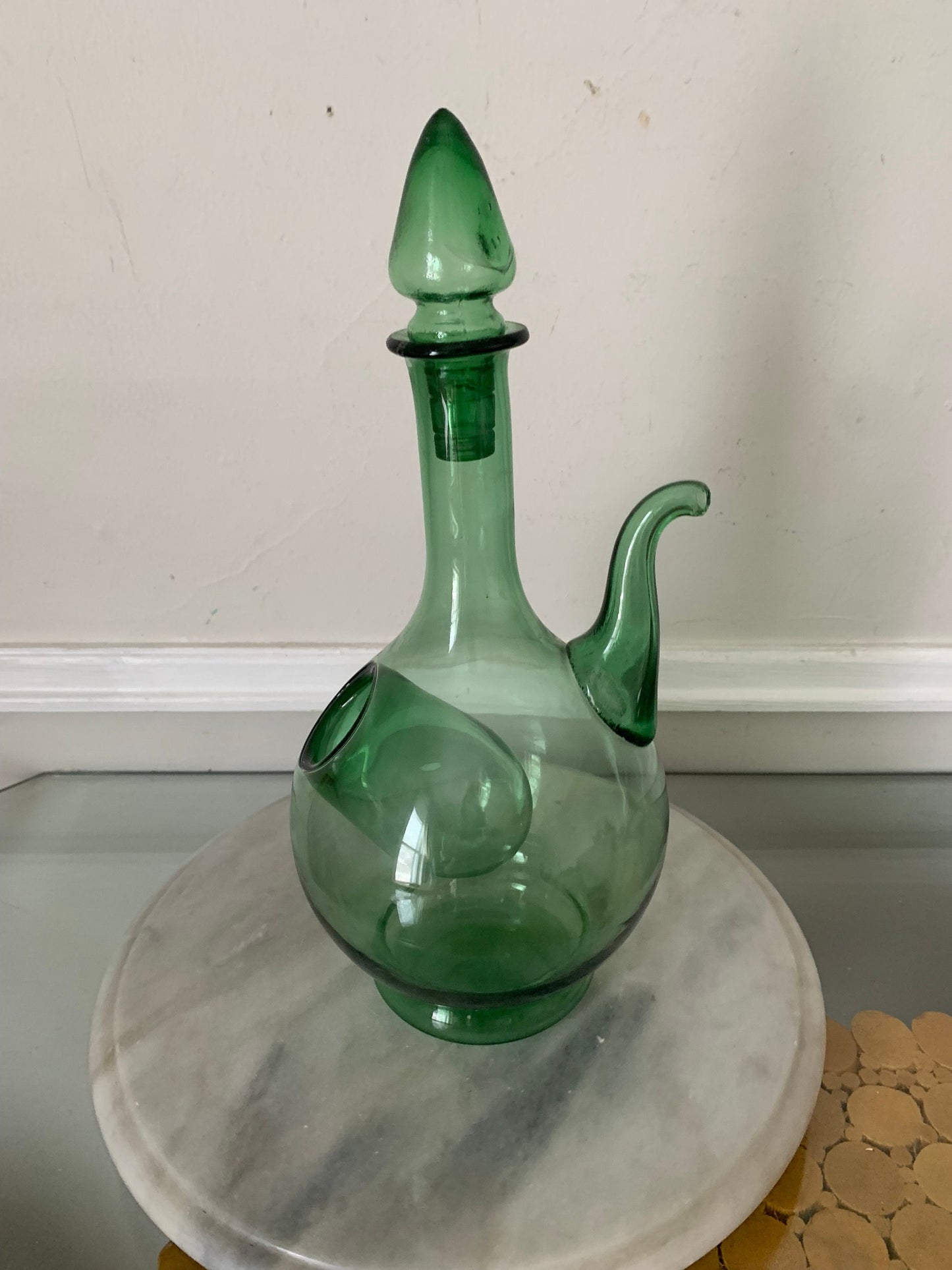 Vintage Clear Green Glass Decanter with Ice Pocket