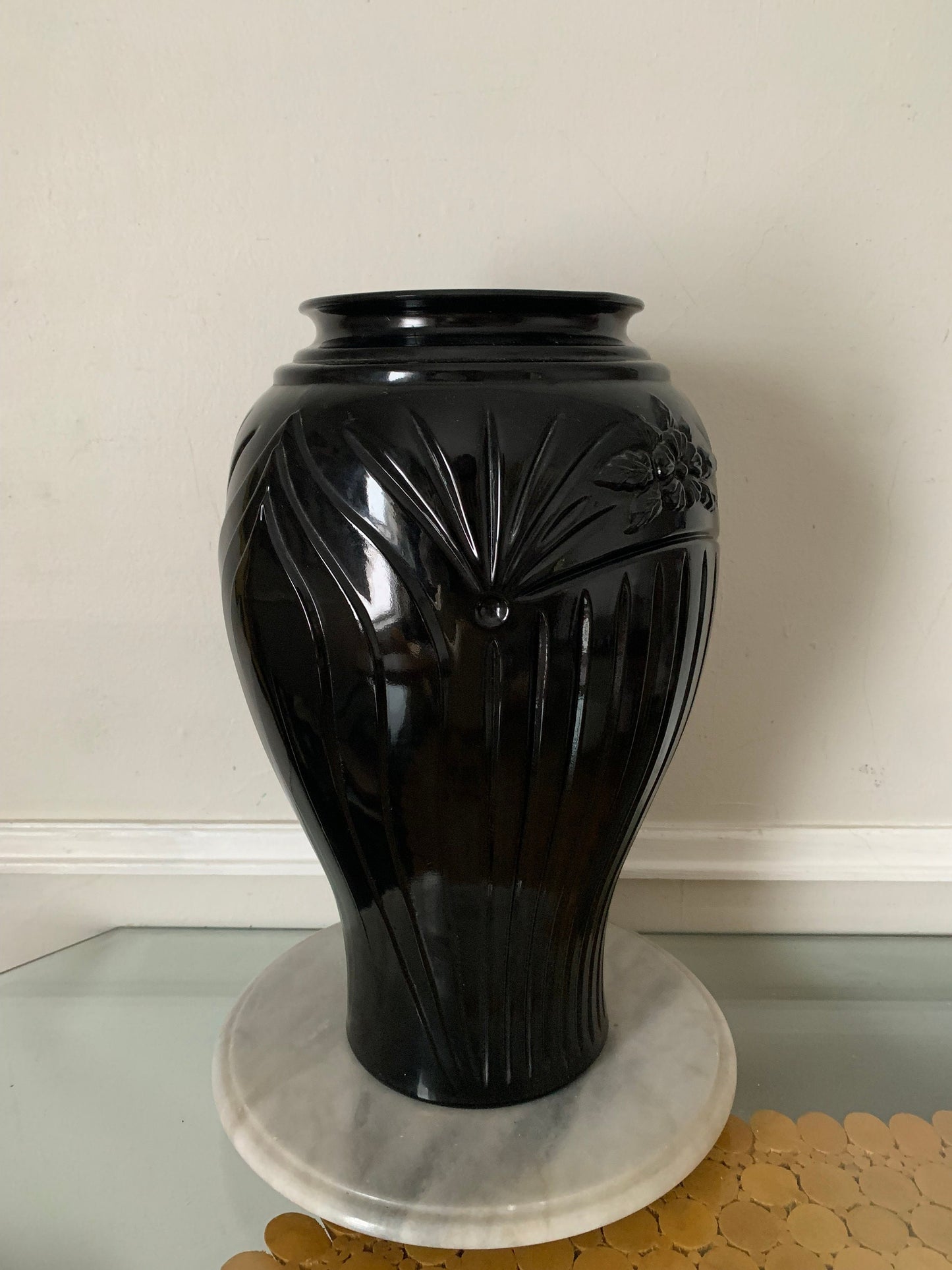 Vintage Tall Anchor Hocking Vase Cambridge Black Glass 16”