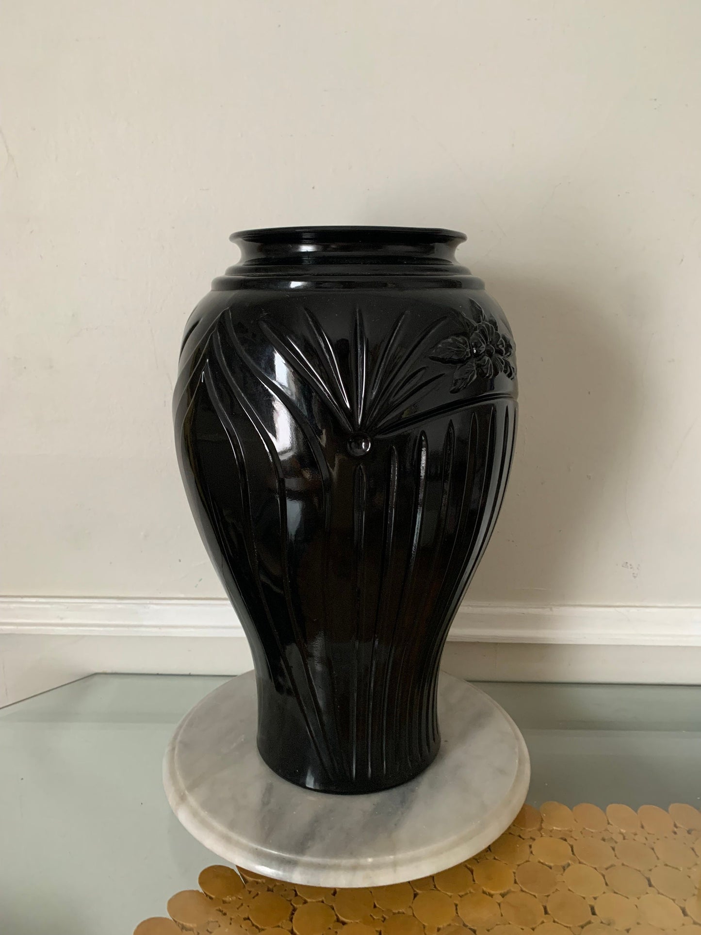 Vintage Tall Anchor Hocking Vase Cambridge Black Glass 16”