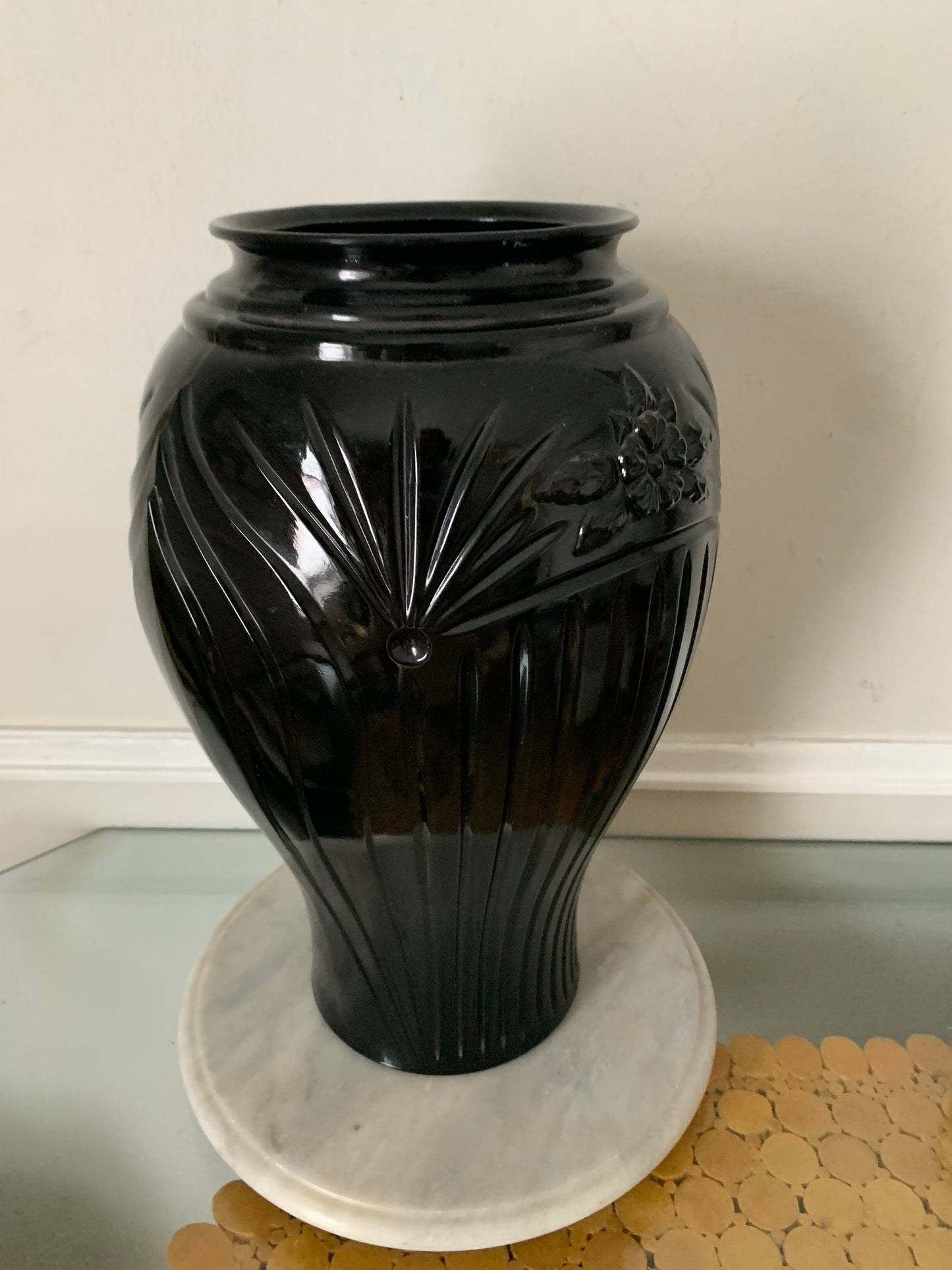 Vintage Tall Anchor Hocking Vase Cambridge Black Glass 16”