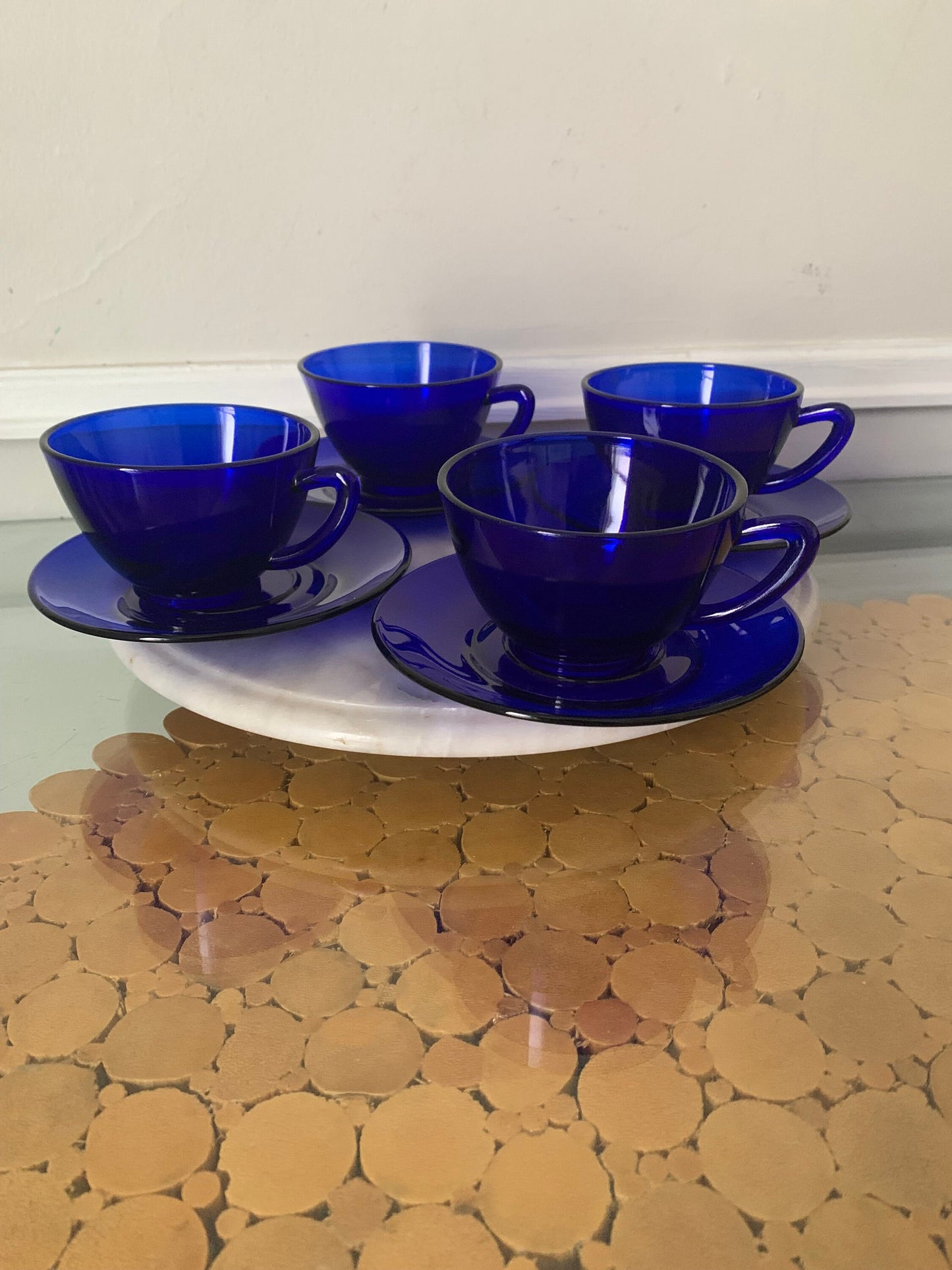 Set of 4 Vintage Cobalt Blue GlassTeacup & Saucer