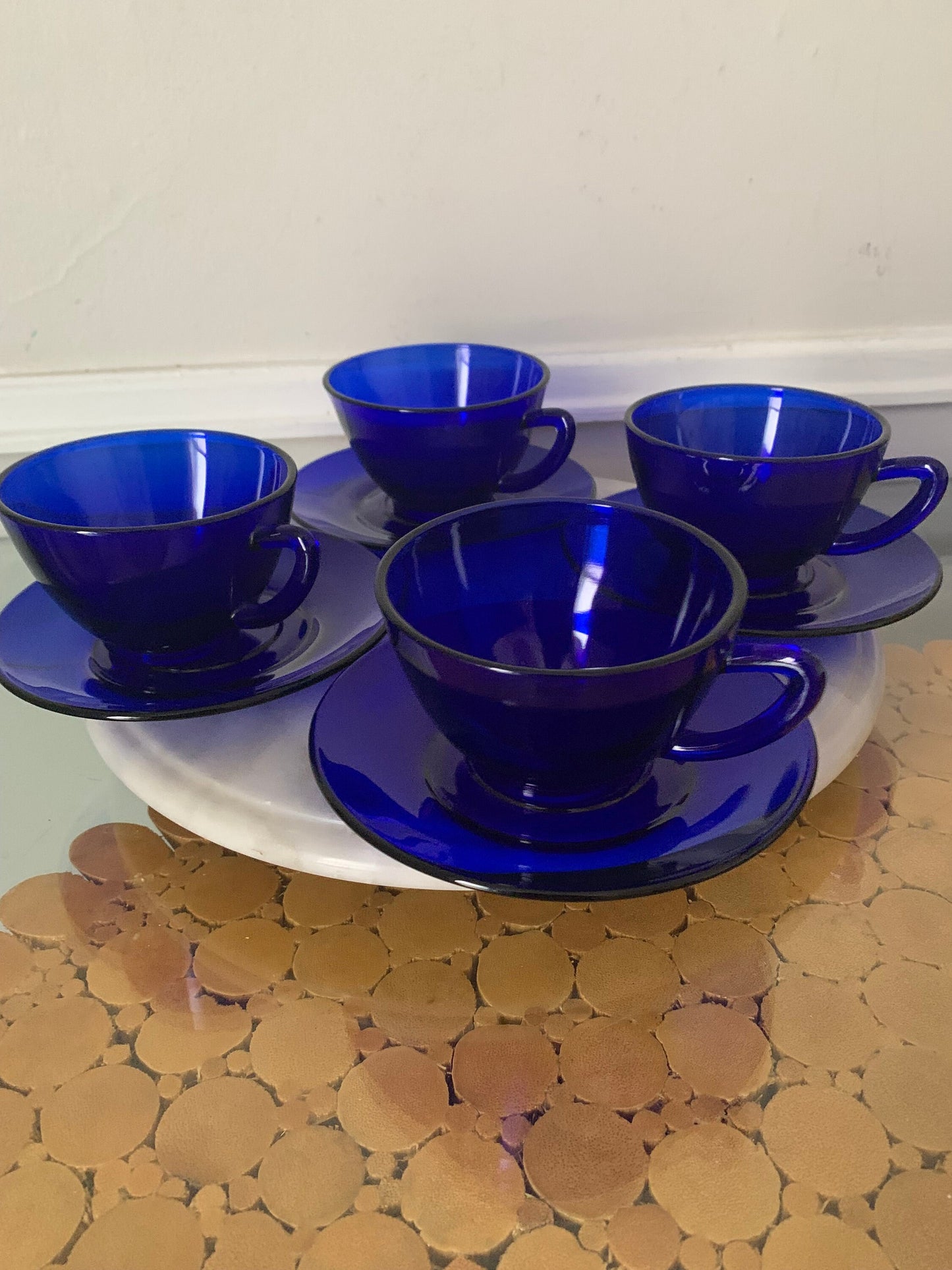 Set of 4 Vintage Cobalt Blue GlassTeacup & Saucer