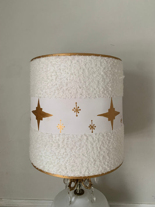 Large Revamped Mid Century Modern White Lampshade with Gold Starburst