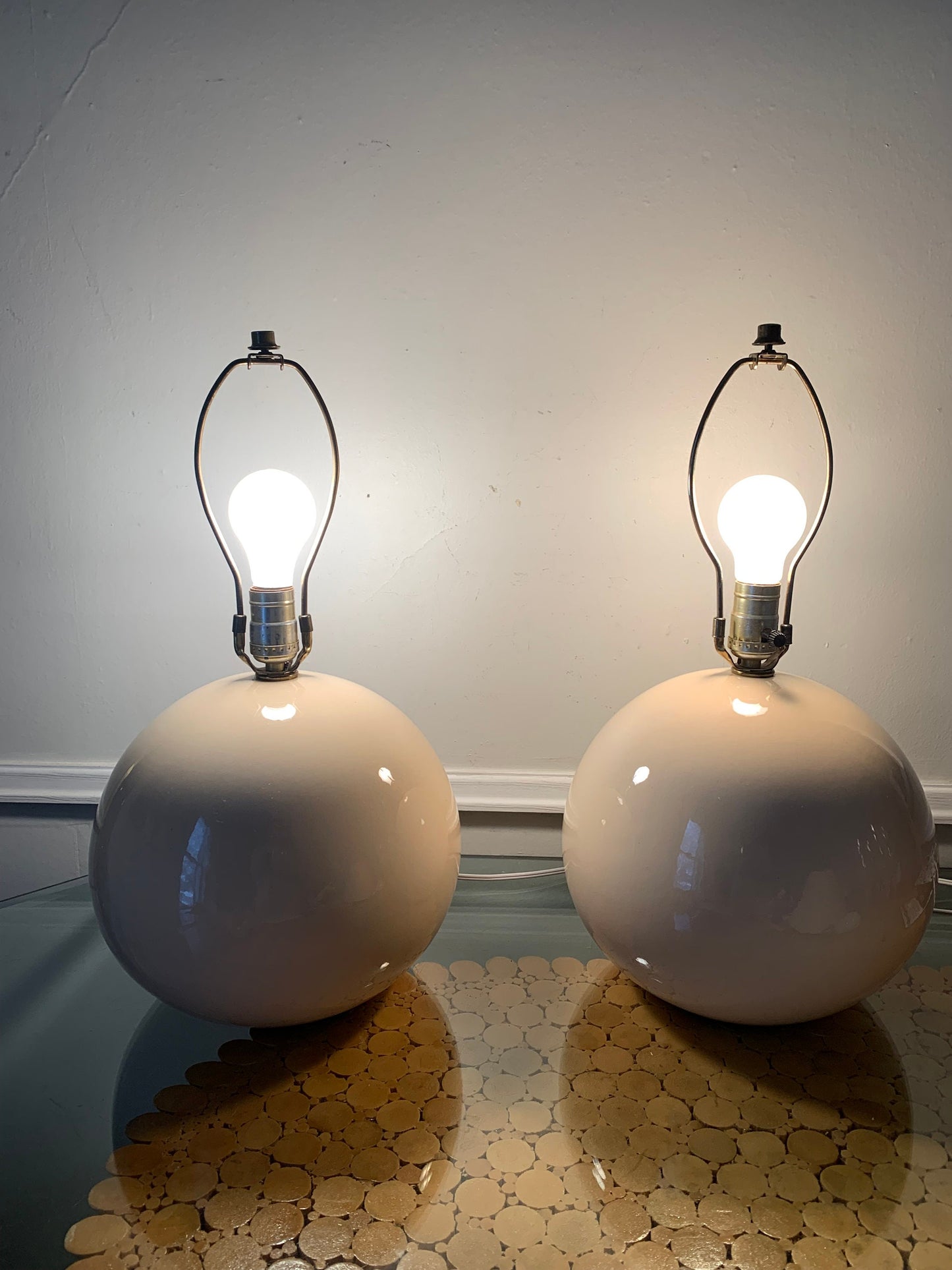 Vintage Pair of Large Cream Ceramic Gum Ball Lamps No Shades