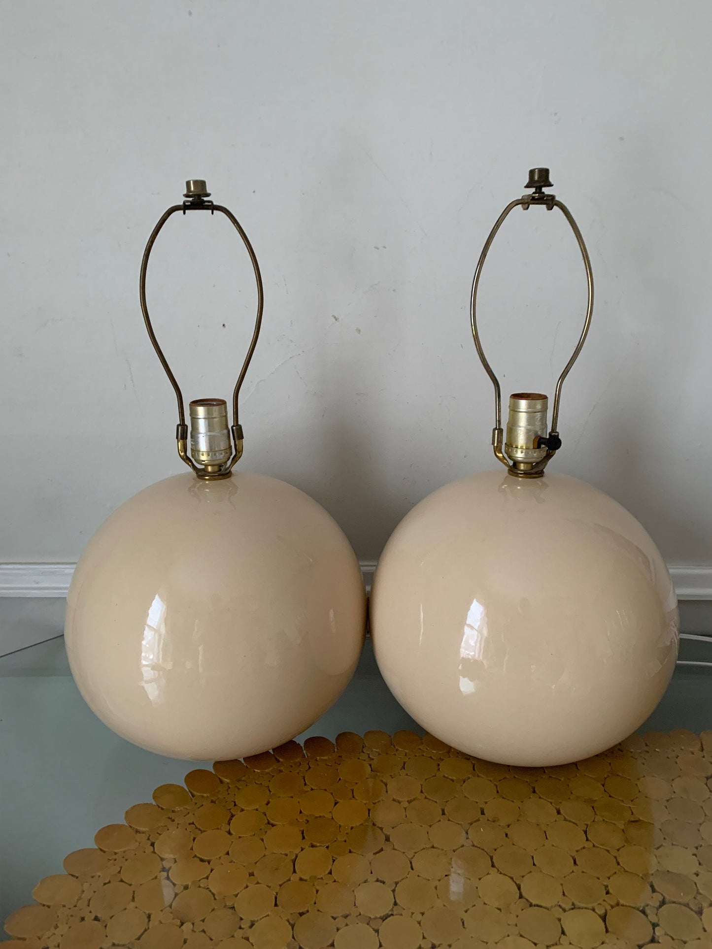 Vintage Pair of Large Cream Ceramic Gum Ball Lamps No Shades